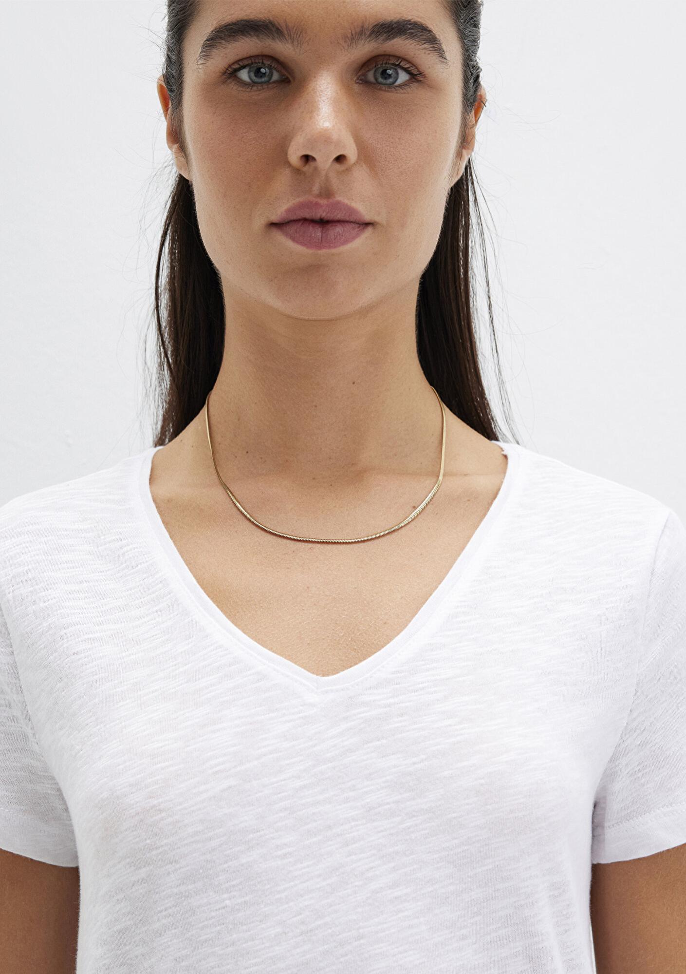 Mavi V Yaka Flamlı Beyaz Basic Tişört Slim Fit / Dar Kesim 168260-620