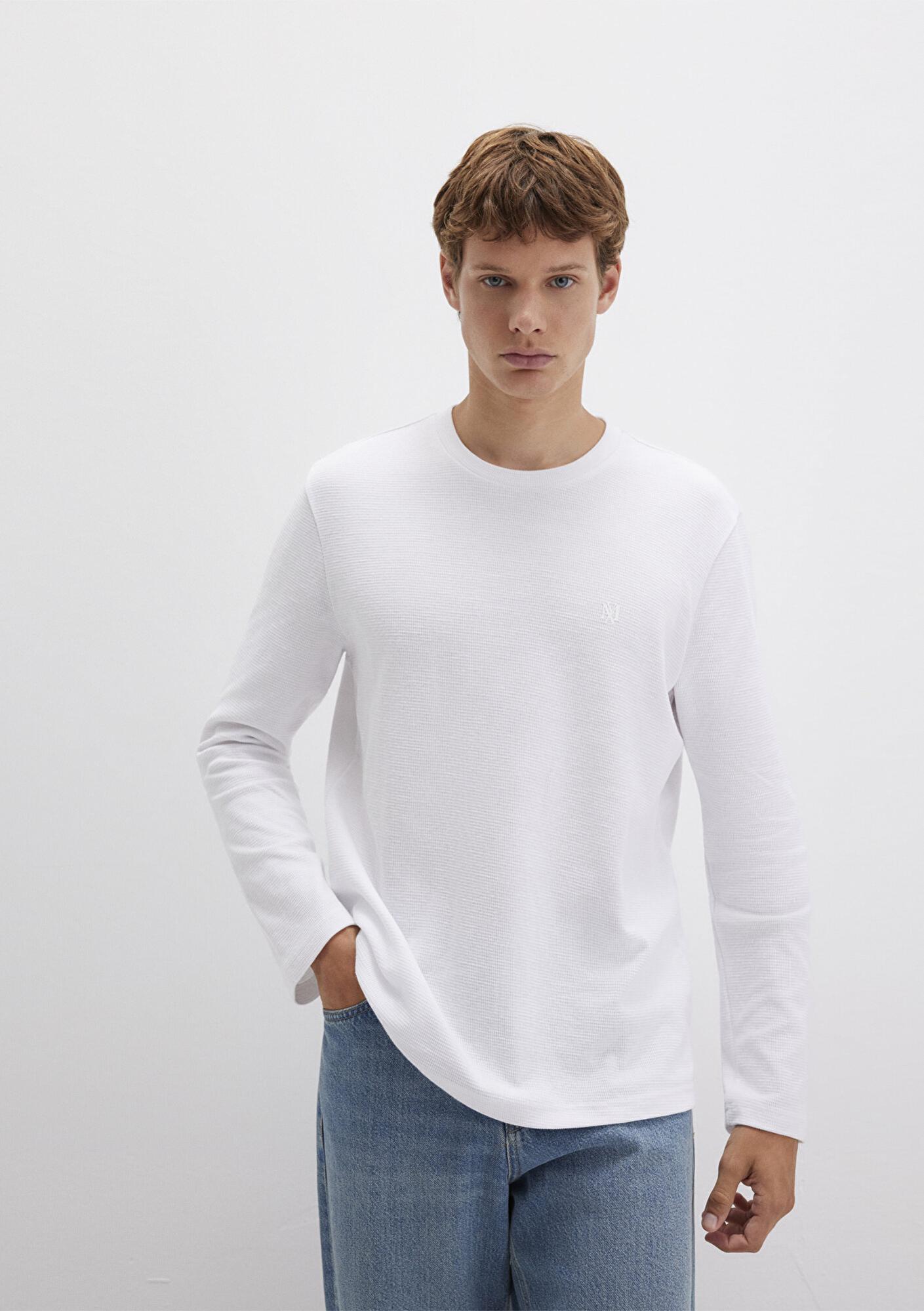 Mavi Uzun Kollu Beyaz Basic Tişört Slim Fit / Dar Kesim 065755-620