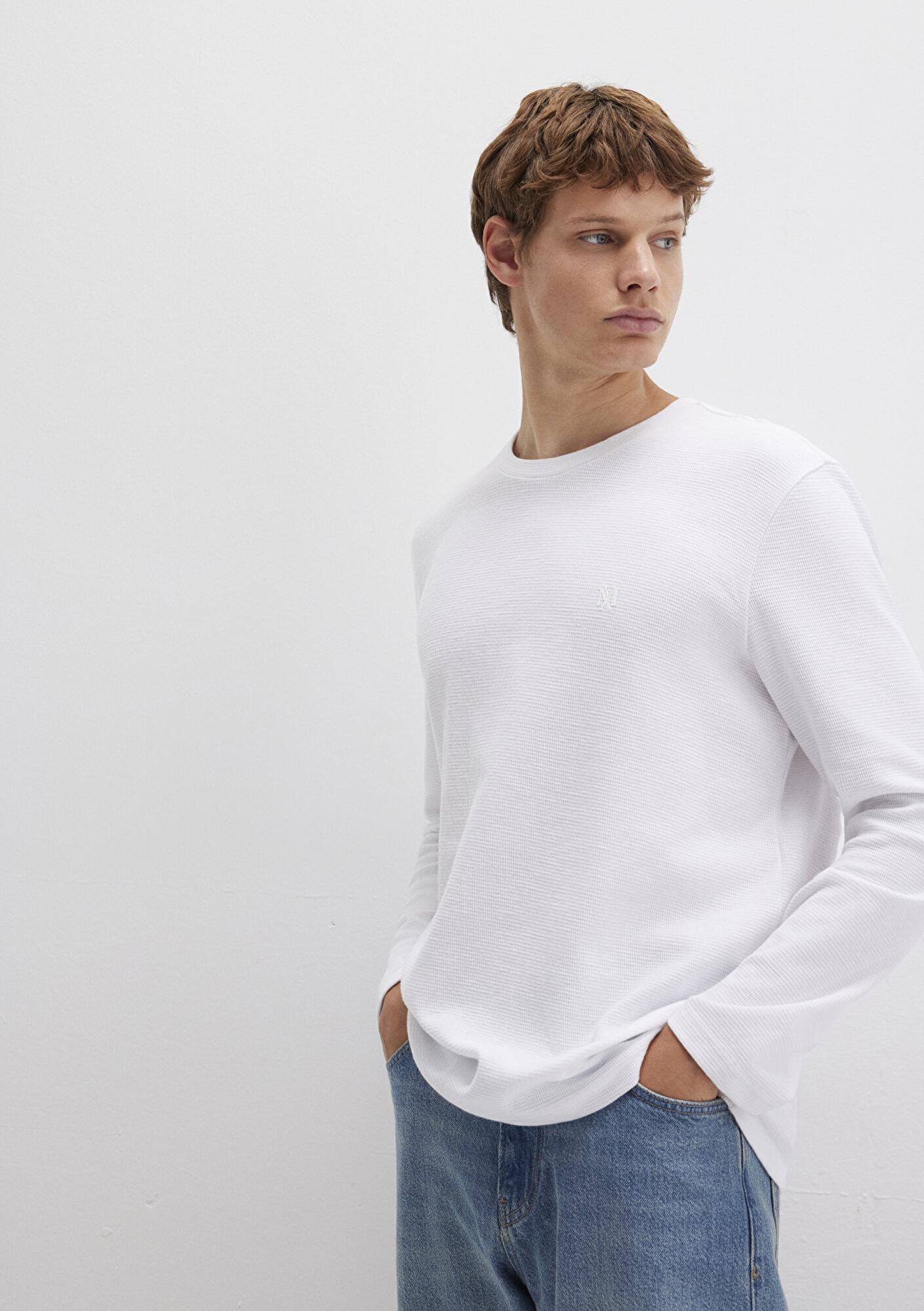 Mavi Uzun Kollu Beyaz Basic Tişört Slim Fit / Dar Kesim 065755-620