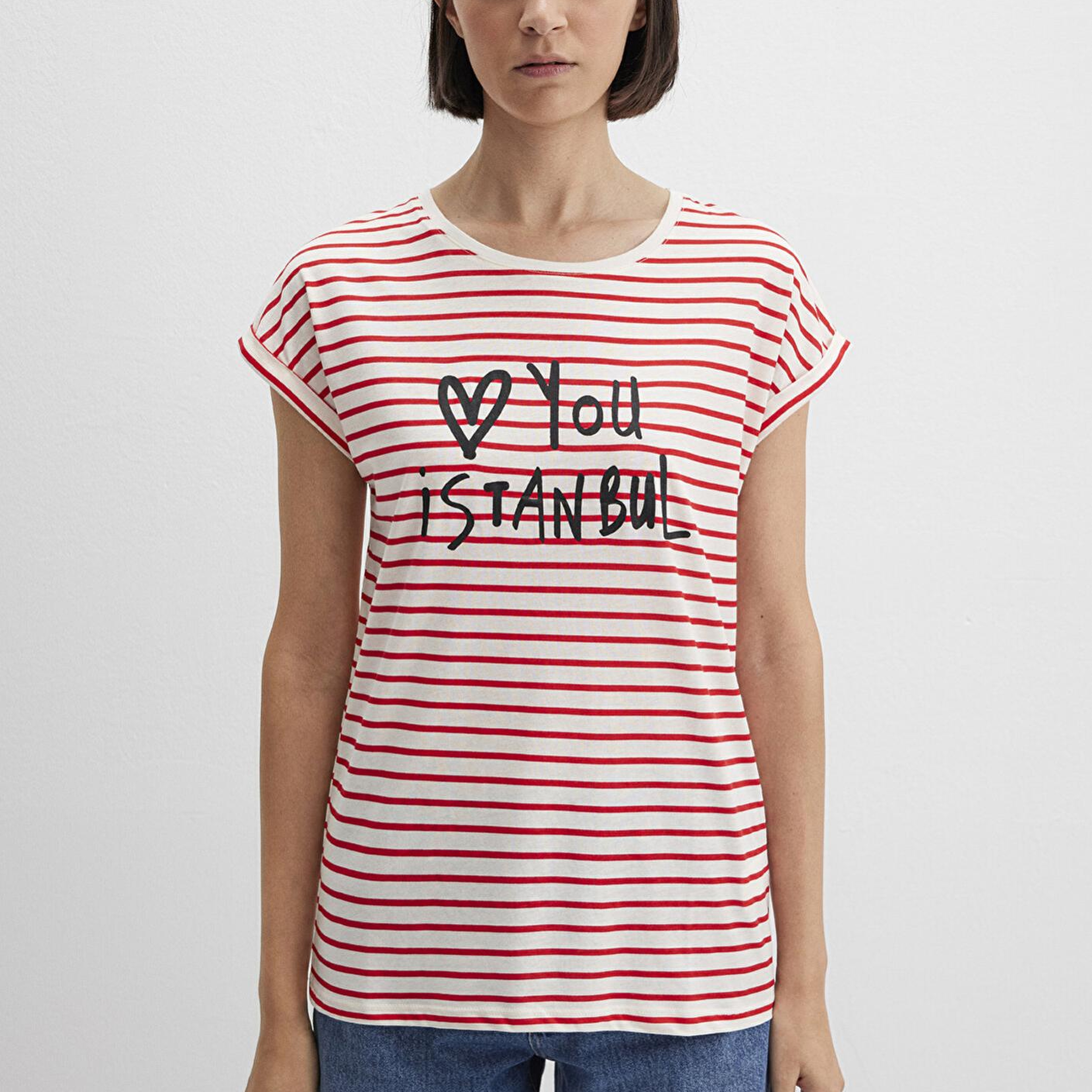 Mavi Love You Baskılı Çizgili Istanbul Tişört Regular Fit / Normal Kesim 167986-26829