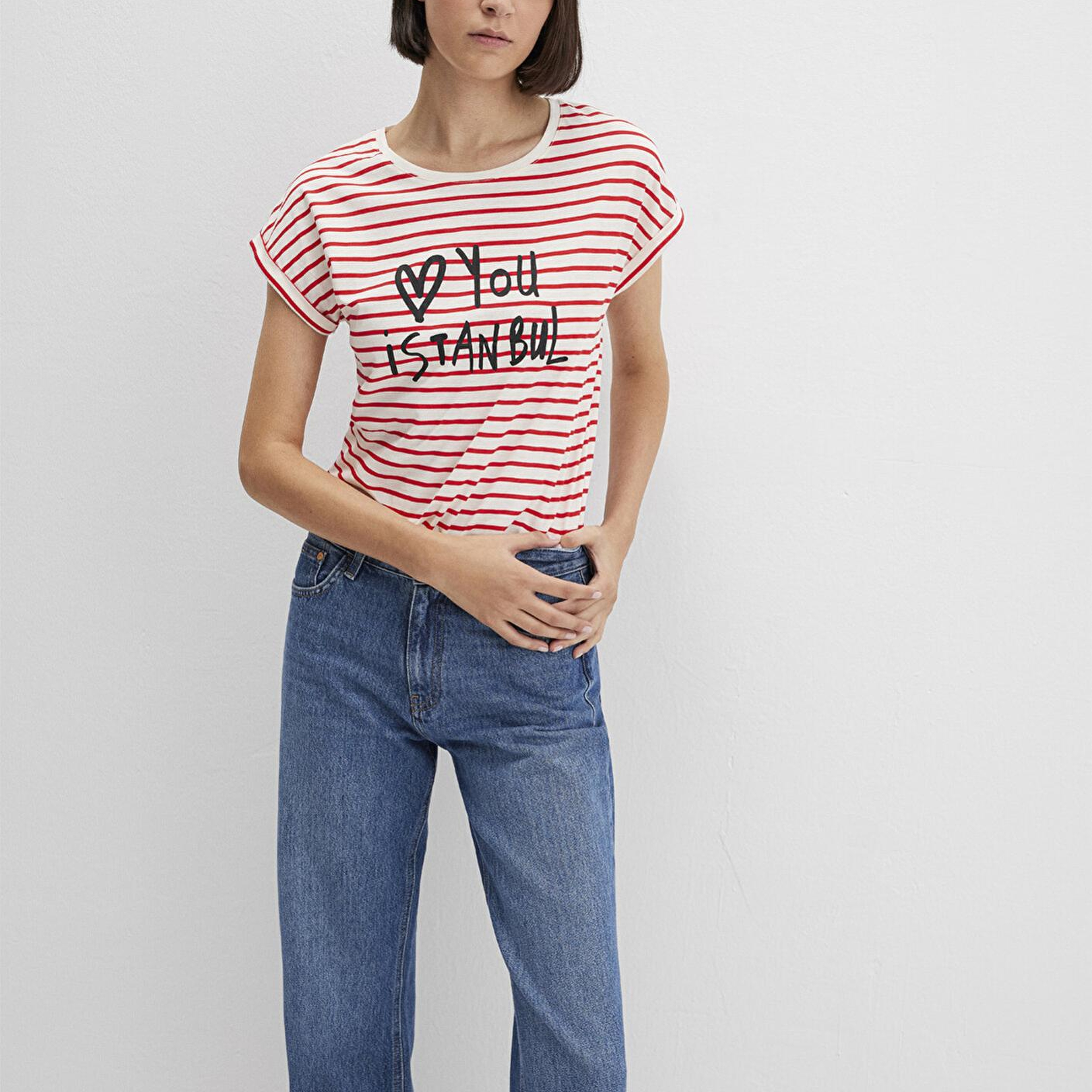 Mavi Love You Baskılı Çizgili Istanbul Tişört Regular Fit / Normal Kesim 167986-26829