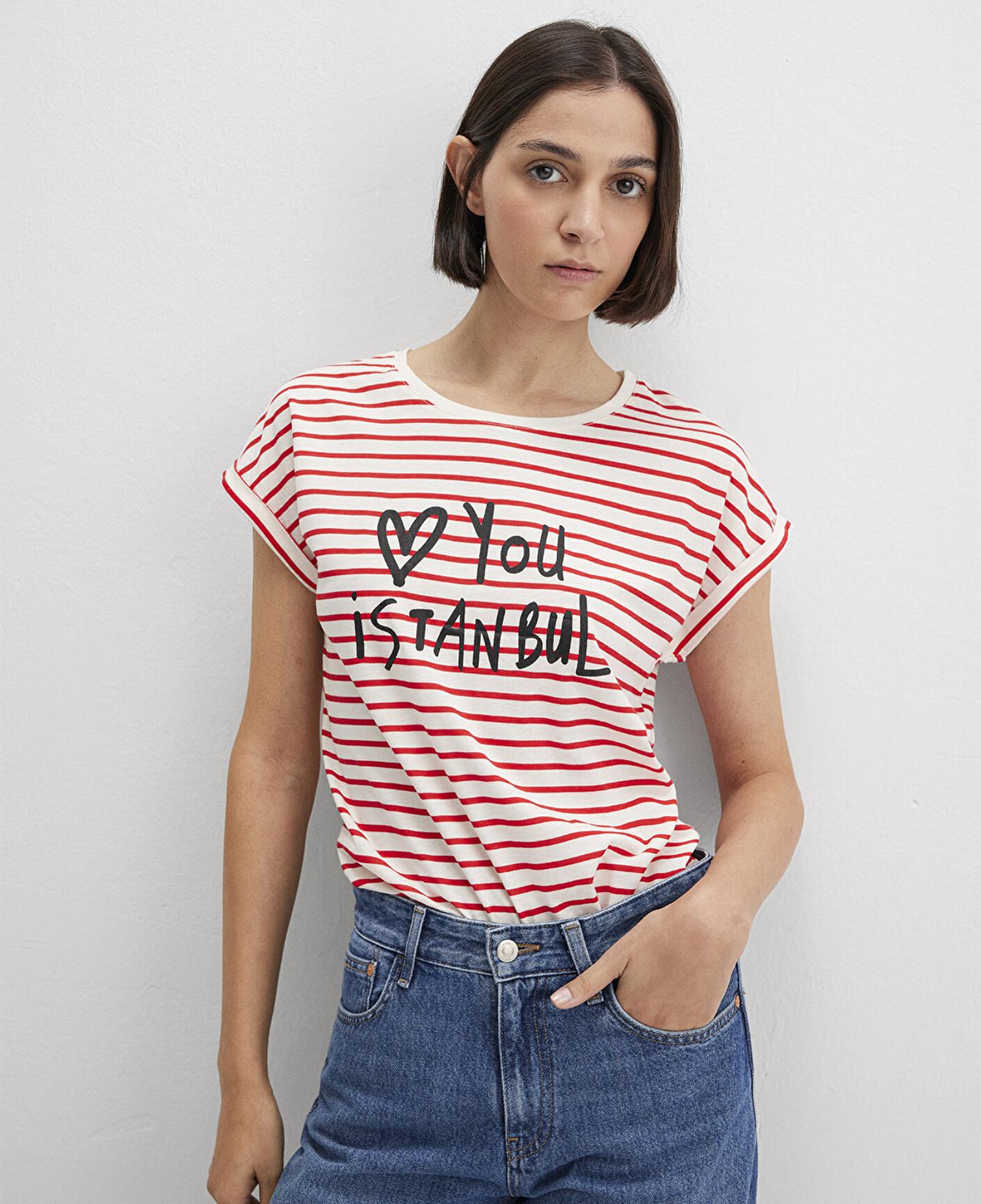 Mavi Love You Baskılı Çizgili Istanbul Tişört Regular Fit / Normal Kesim 167986-26829
