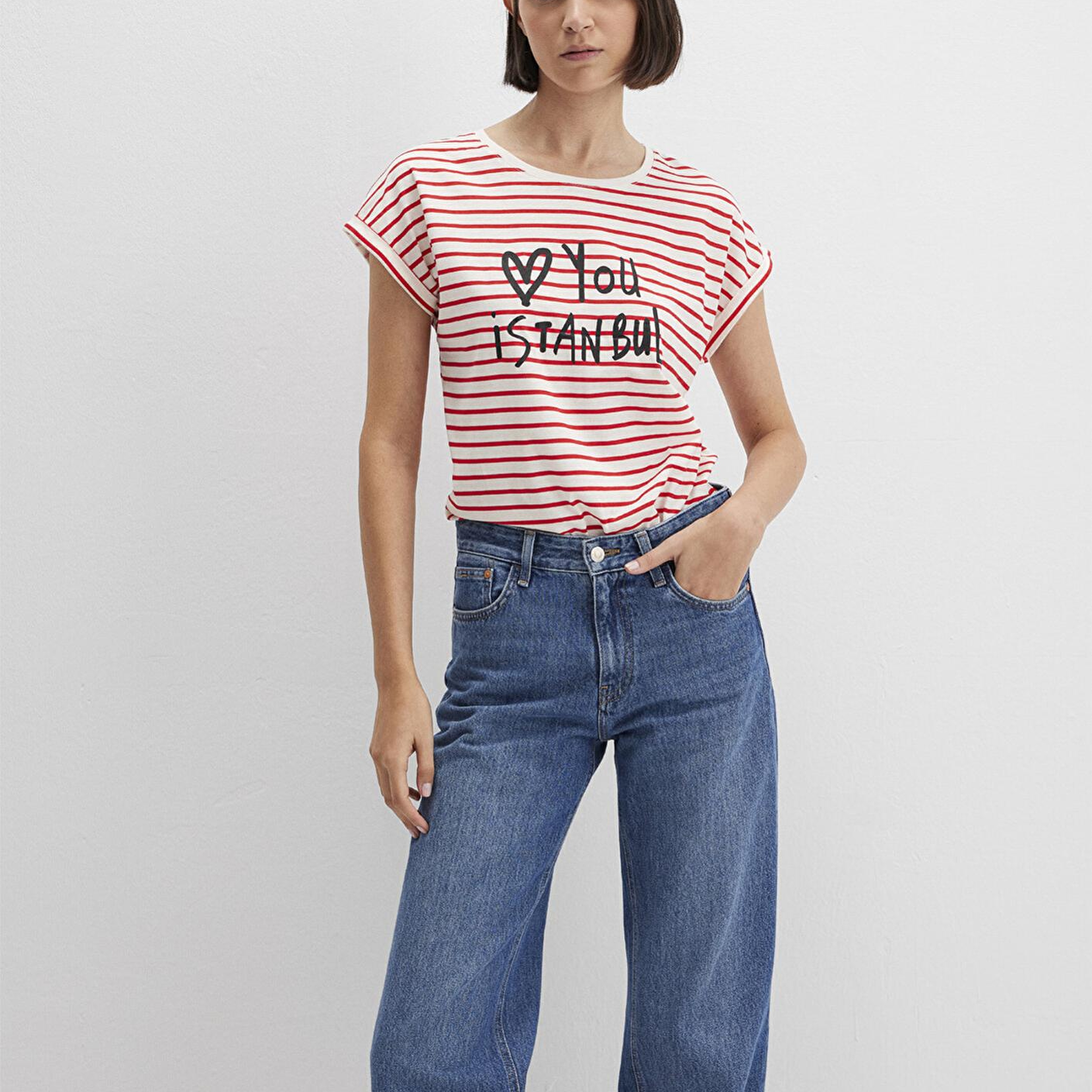 Mavi Love You Baskılı Çizgili Istanbul Tişört Regular Fit / Normal Kesim 167986-26829