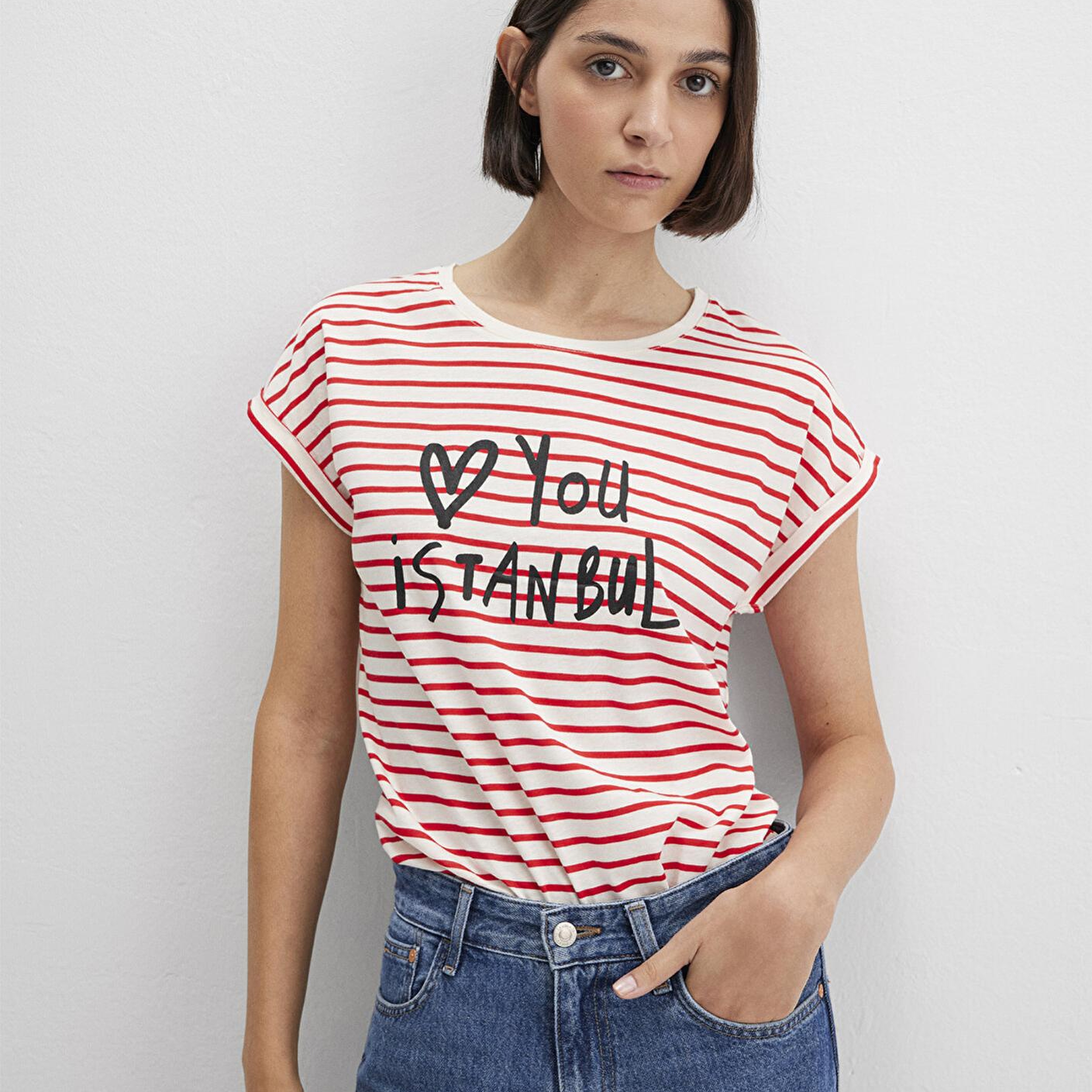 Mavi Love You Baskılı Çizgili Istanbul Tişört Regular Fit / Normal Kesim 167986-26829