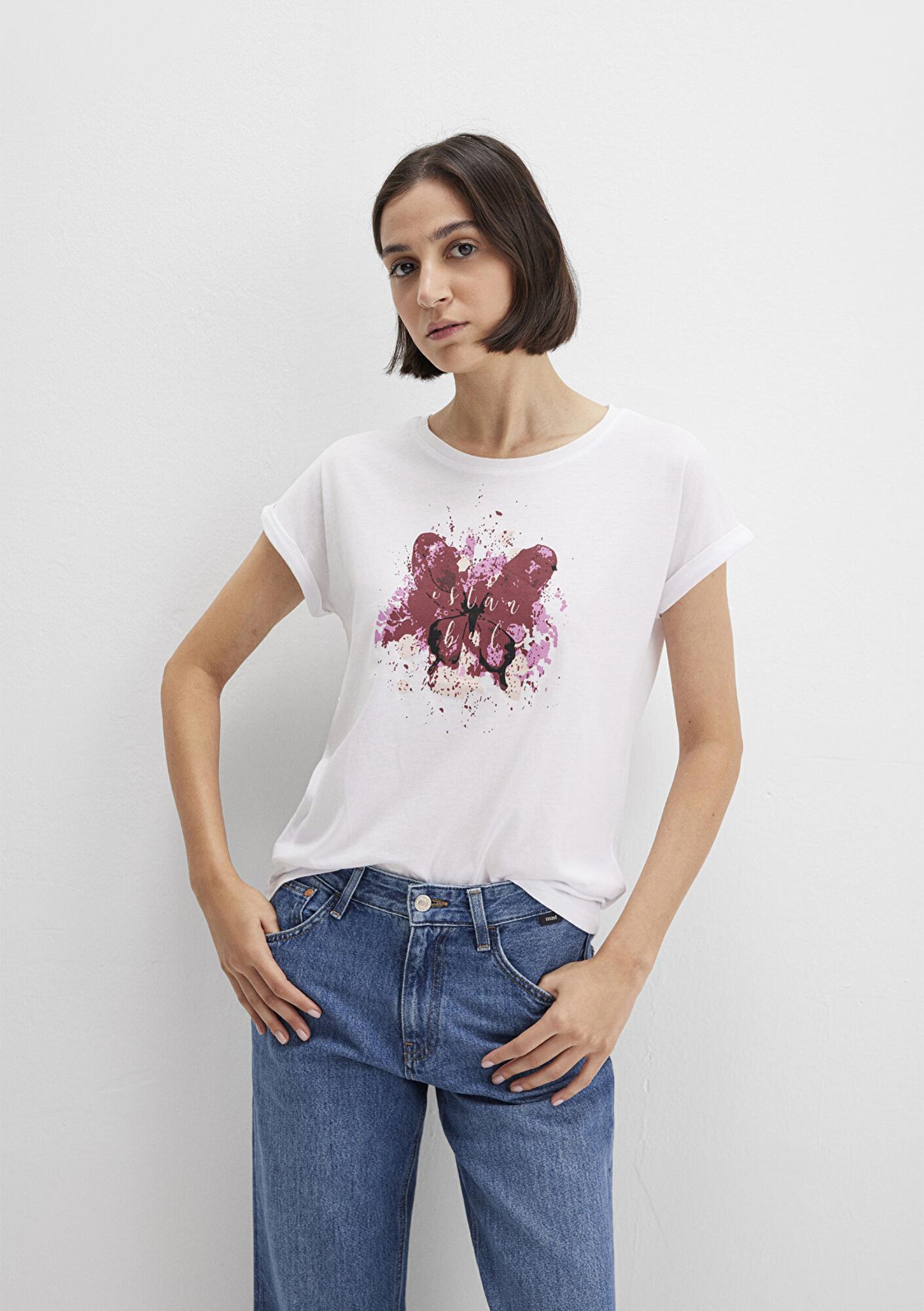 Mavi Kelebek Baskılı Beyaz İstanbul Tişört Regular Fit / Normal Kesim 167576-620