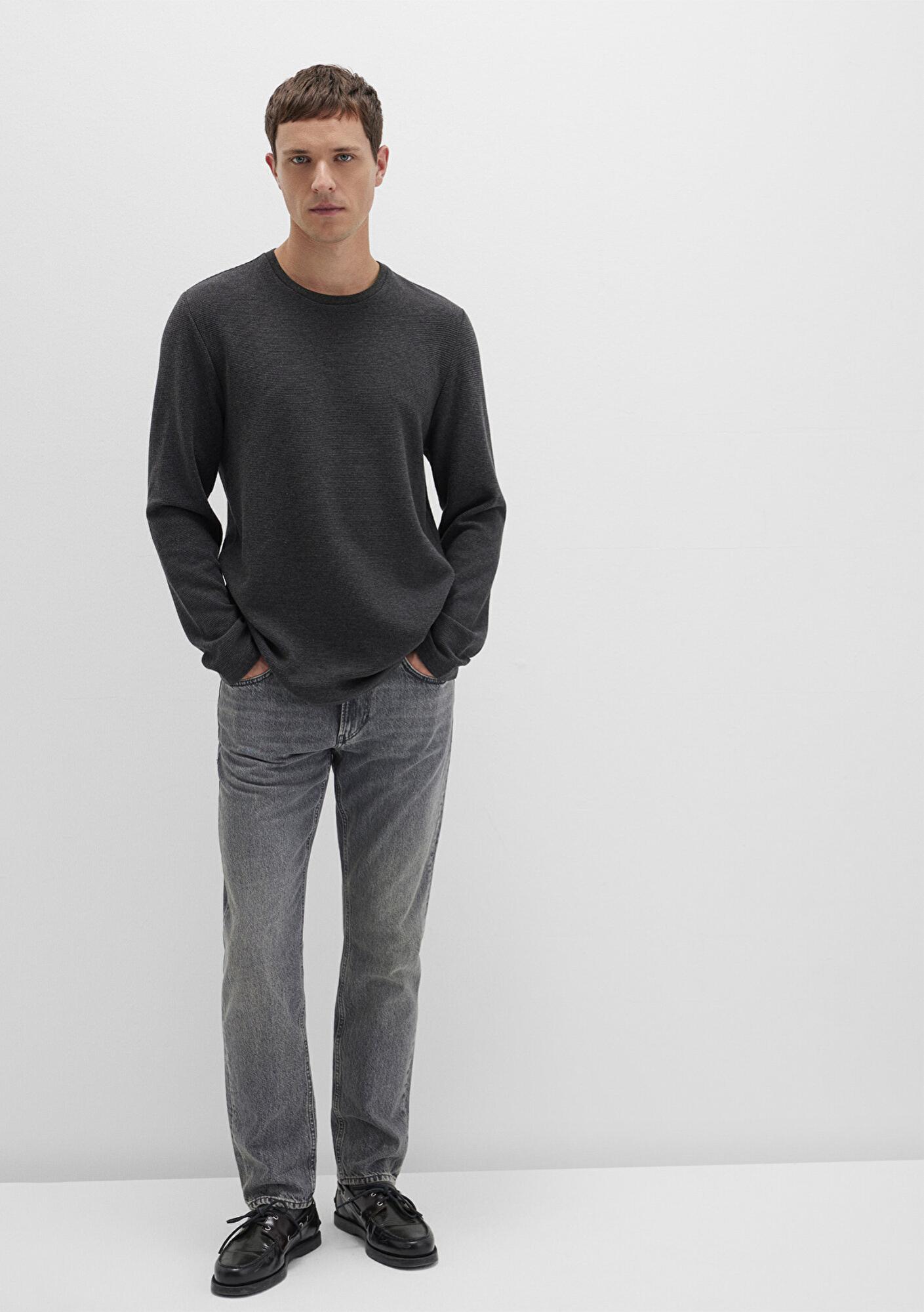 Mavi Uzun Kollu Dokulu Antrasit Tişört Slim Fit / Dar Kesim 064622-26834