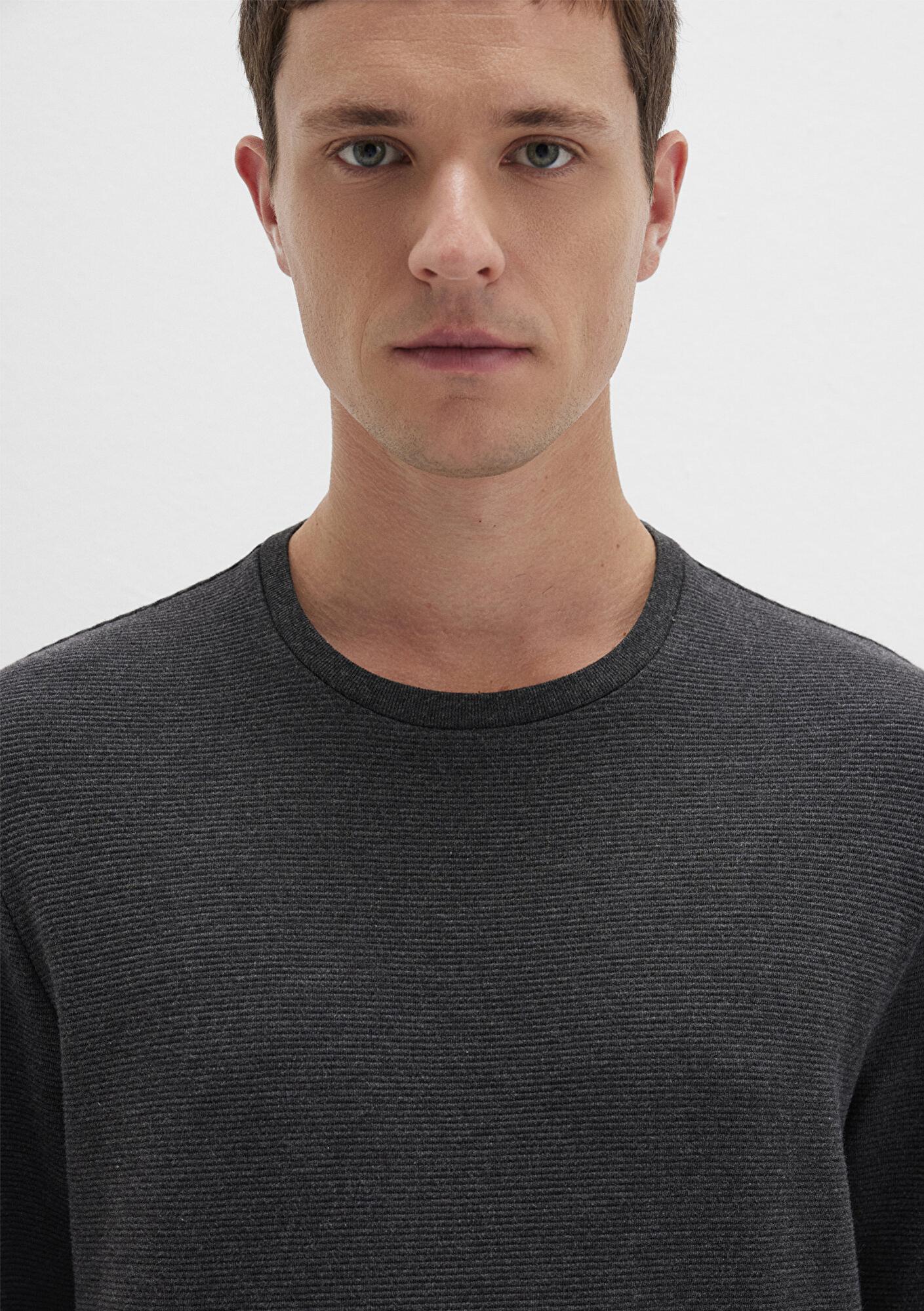 Mavi Uzun Kollu Dokulu Antrasit Tişört Slim Fit / Dar Kesim 064622-26834