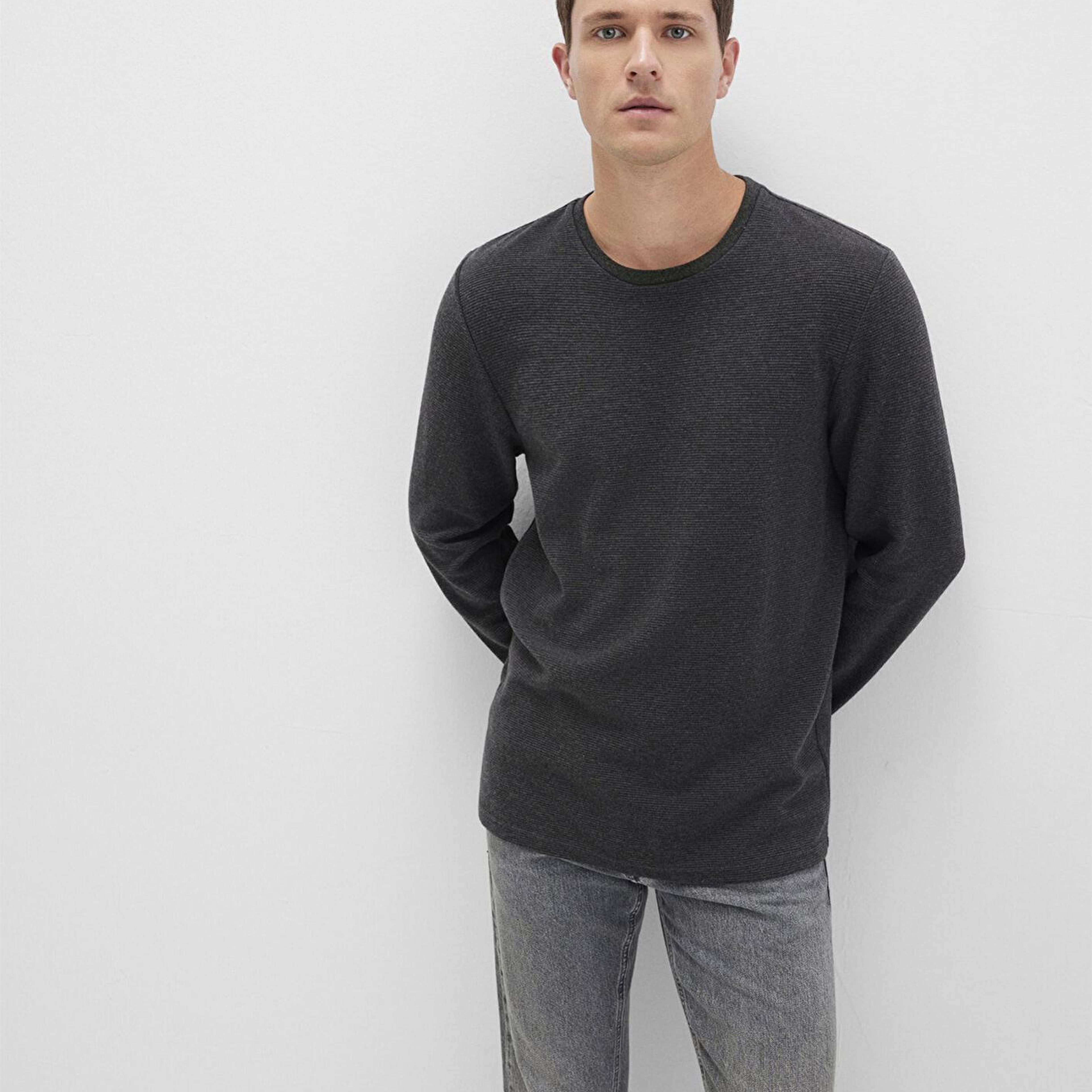 Mavi Uzun Kollu Dokulu Antrasit Tişört Slim Fit / Dar Kesim 064622-26834