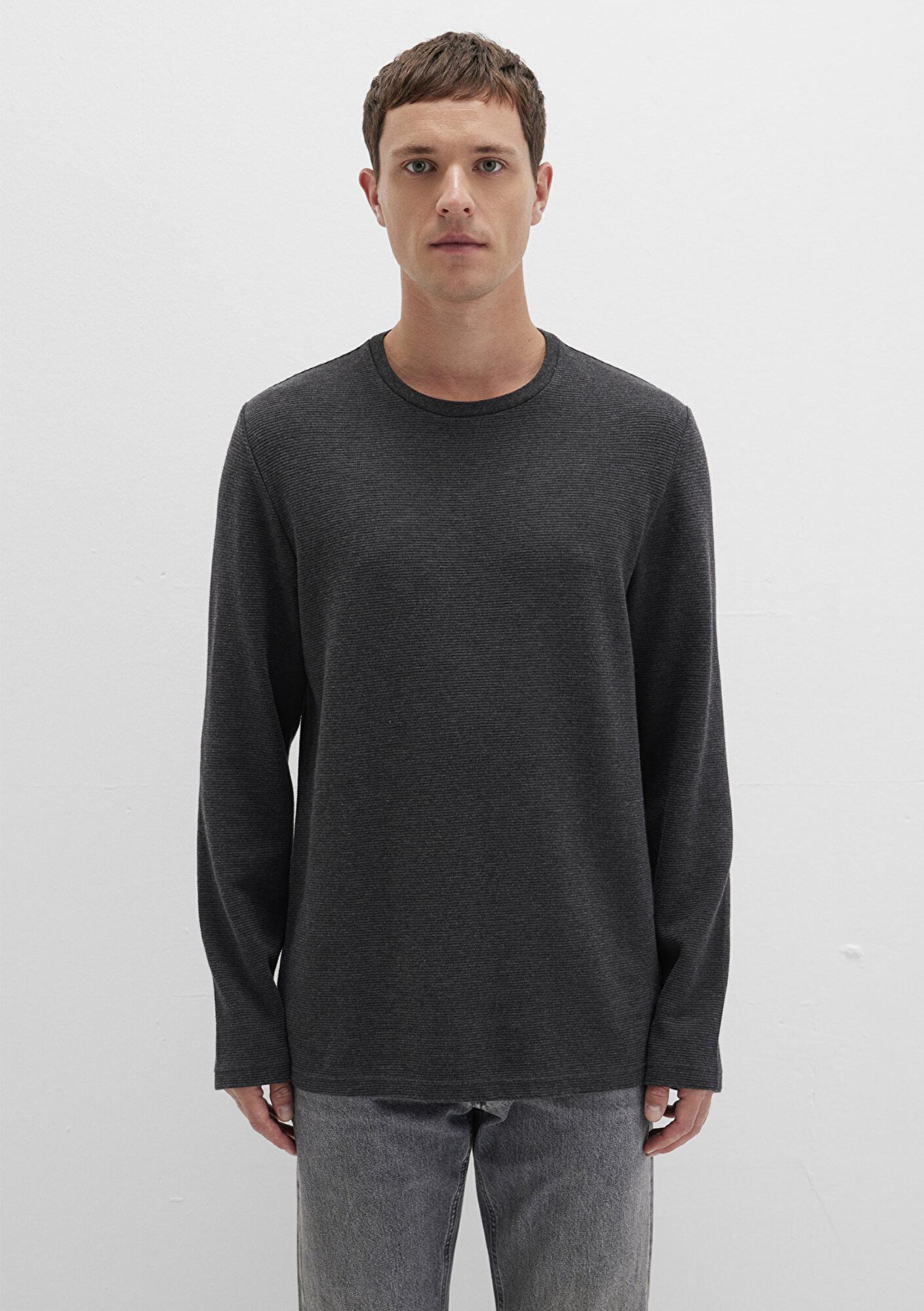 Mavi Uzun Kollu Dokulu Antrasit Tişört Slim Fit / Dar Kesim 064622-26834