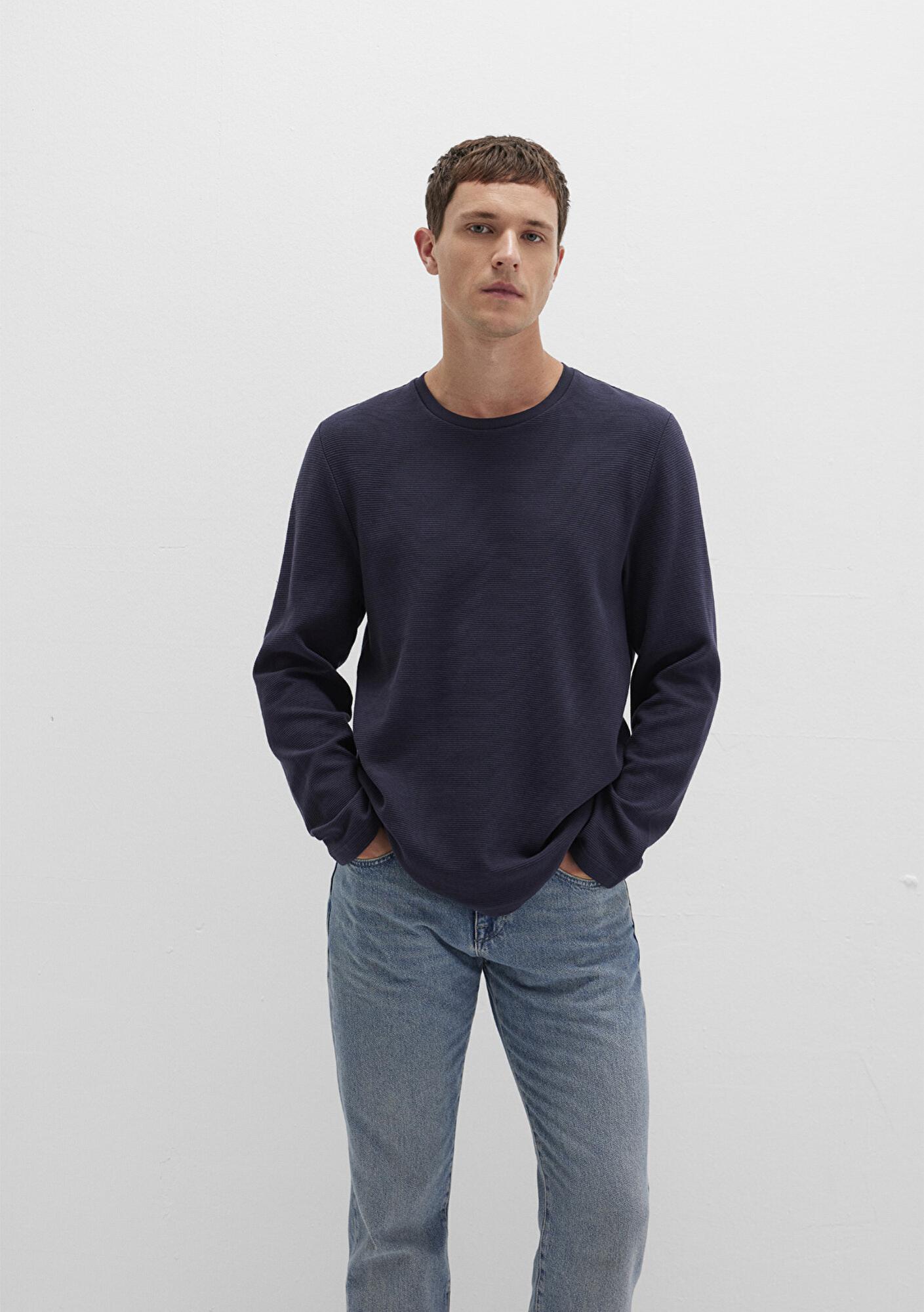 Mavi Uzun Kollu Dokulu Lacivert Tişört Slim Fit / Dar Kesim 064622-26828