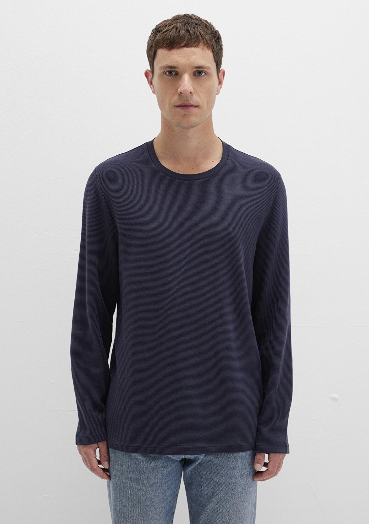 Mavi Uzun Kollu Dokulu Lacivert Tişört Slim Fit / Dar Kesim 064622-26828