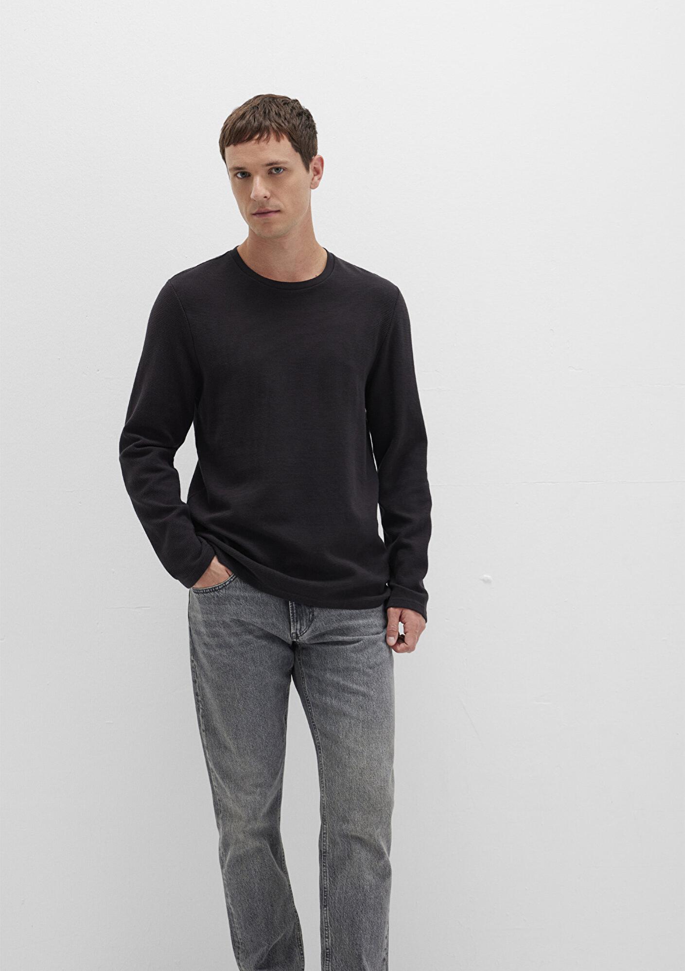 Mavi Uzun Kollu Dokulu Siyah Tişört Slim Fit / Dar Kesim 064622-21842