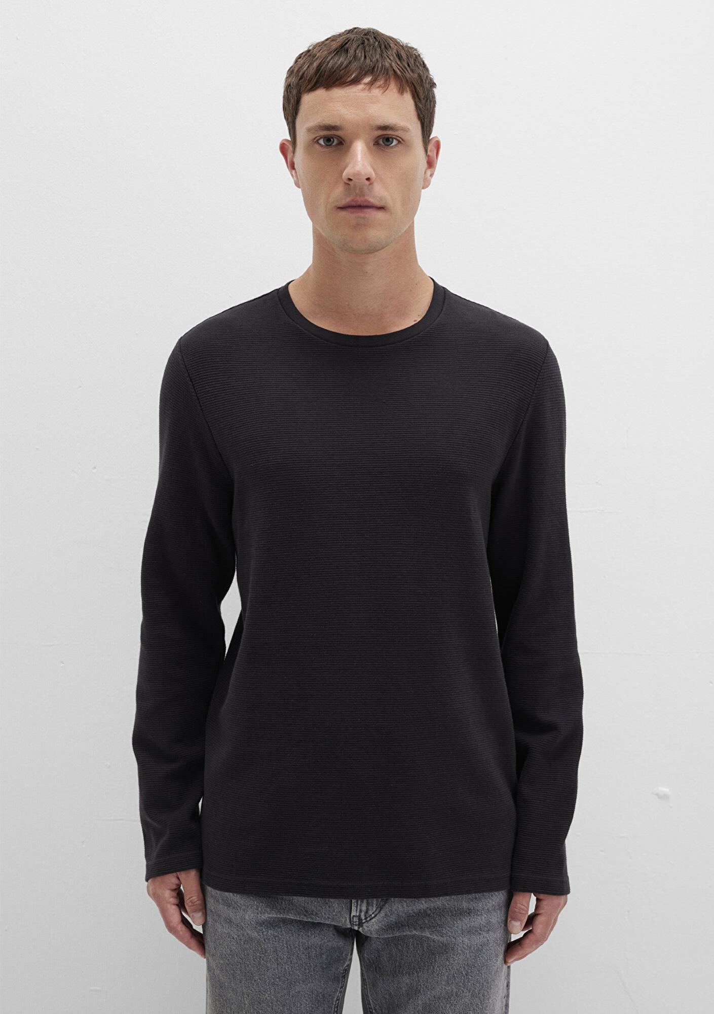 Mavi Uzun Kollu Dokulu Siyah Tişört Slim Fit / Dar Kesim 064622-21842