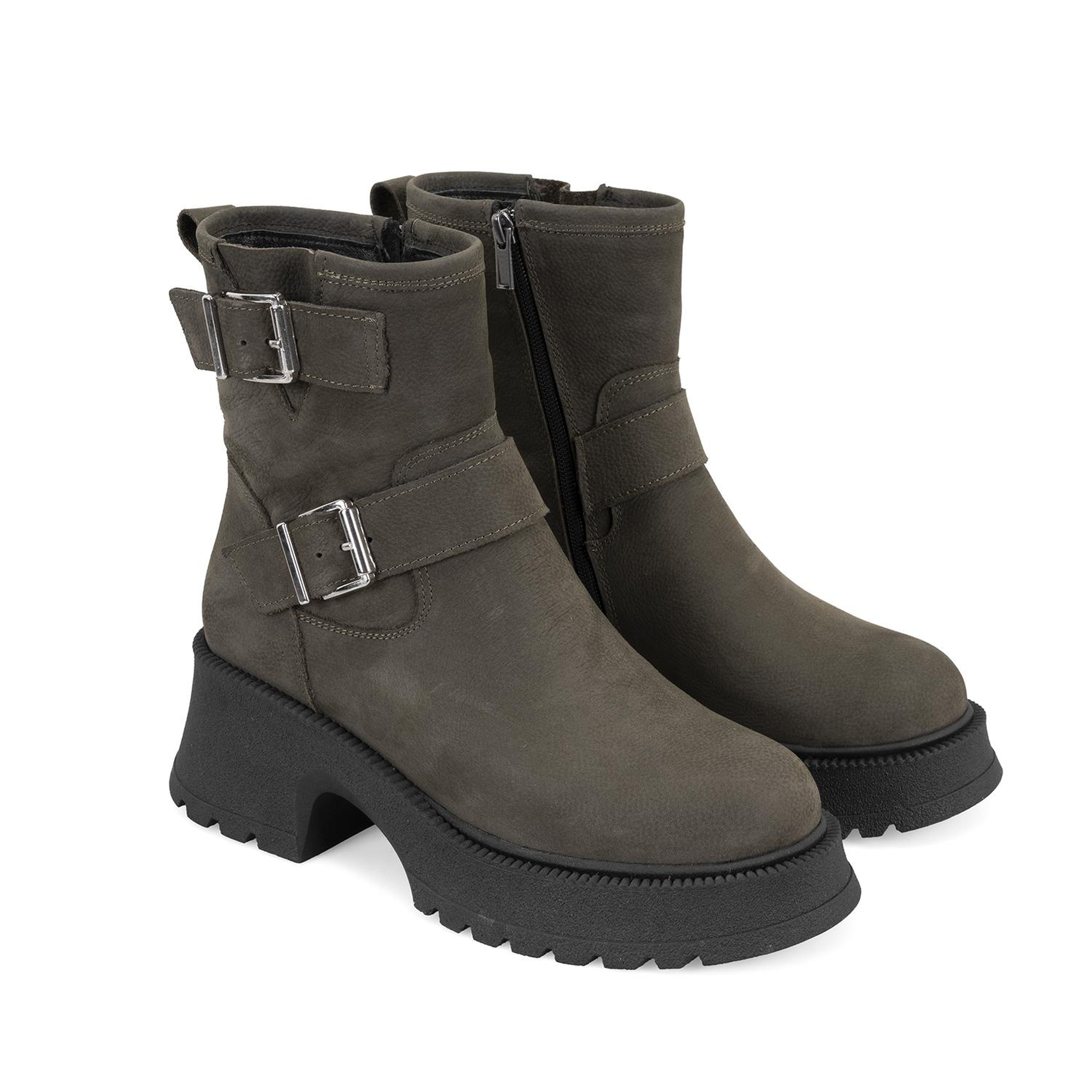 Kadın Yeşil Kemer Aksesuarlı Topuklu Deri Bot