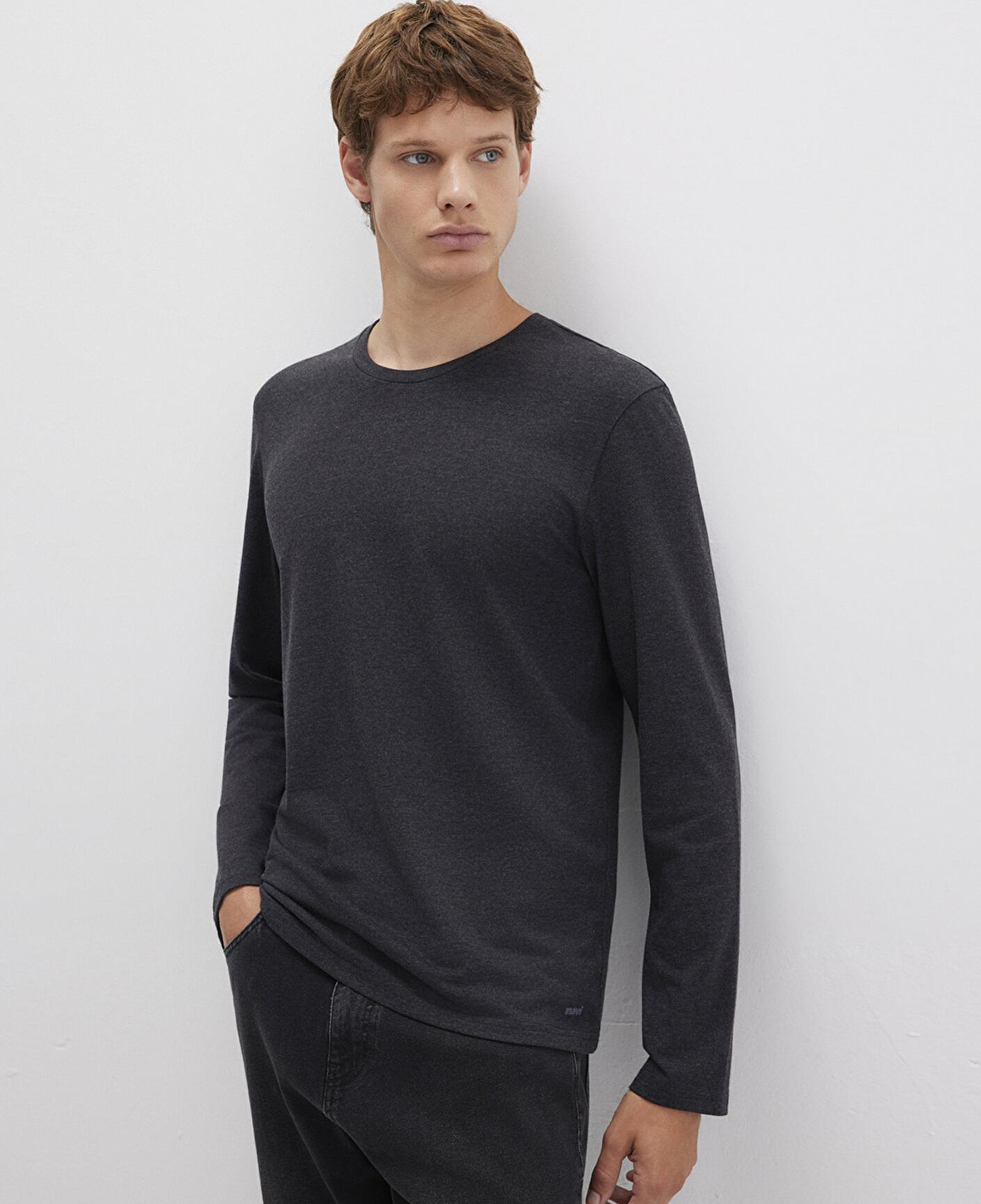 Mavi Uzun Kollu Antrasit Basic Tişört Fitted / Vücuda Oturan Kesim 062477-27310