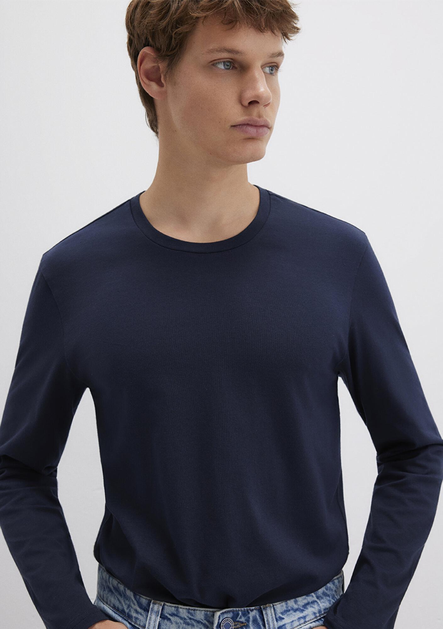 Mavi Uzun Kollu Lacivert Basic Tişört Fitted / Vücuda Oturan Kesim 062477-27308