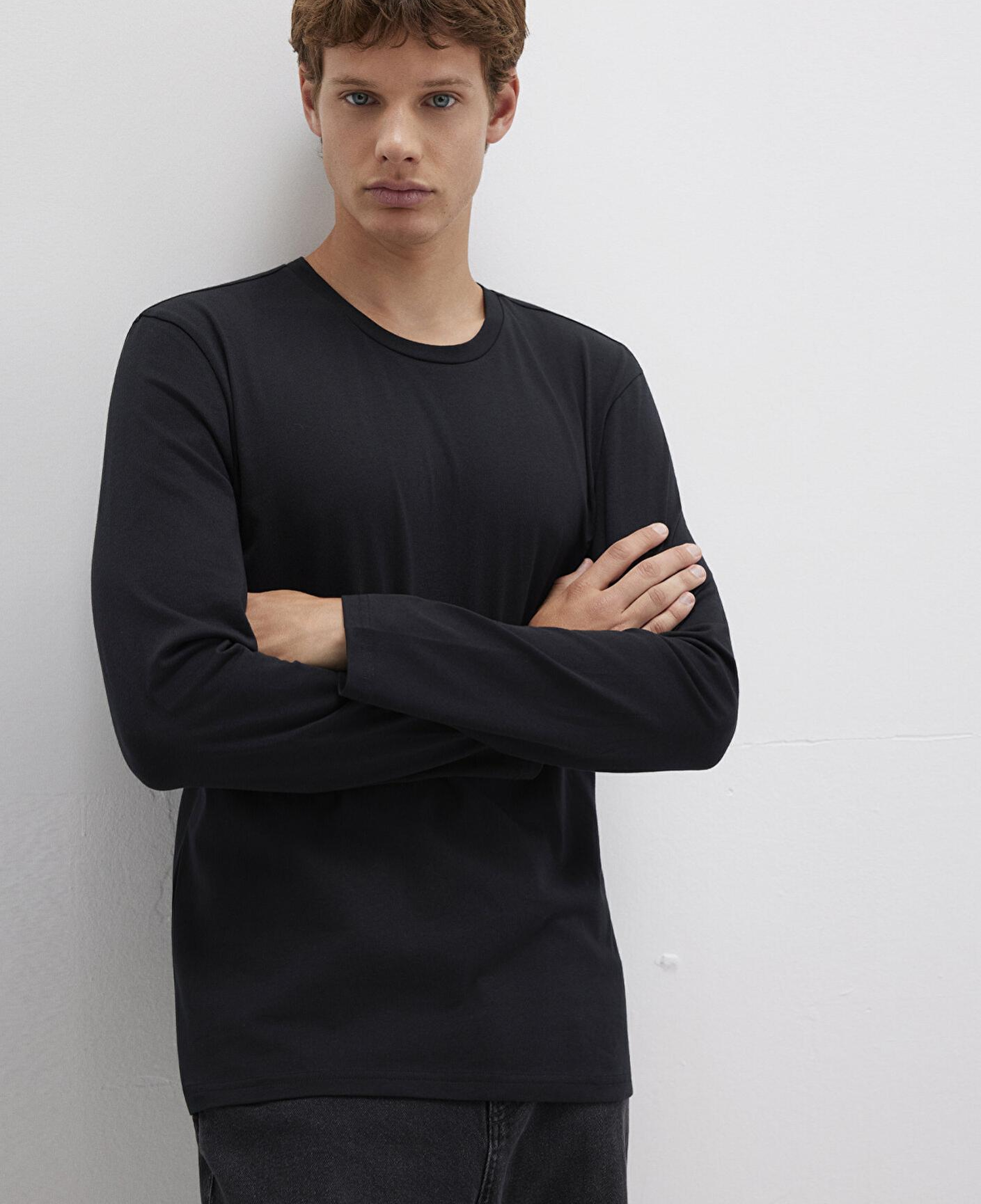 Mavi Uzun Kollu  Siyah Basic Tişört Fitted / Vücuda Oturan Kesim 062477-27062