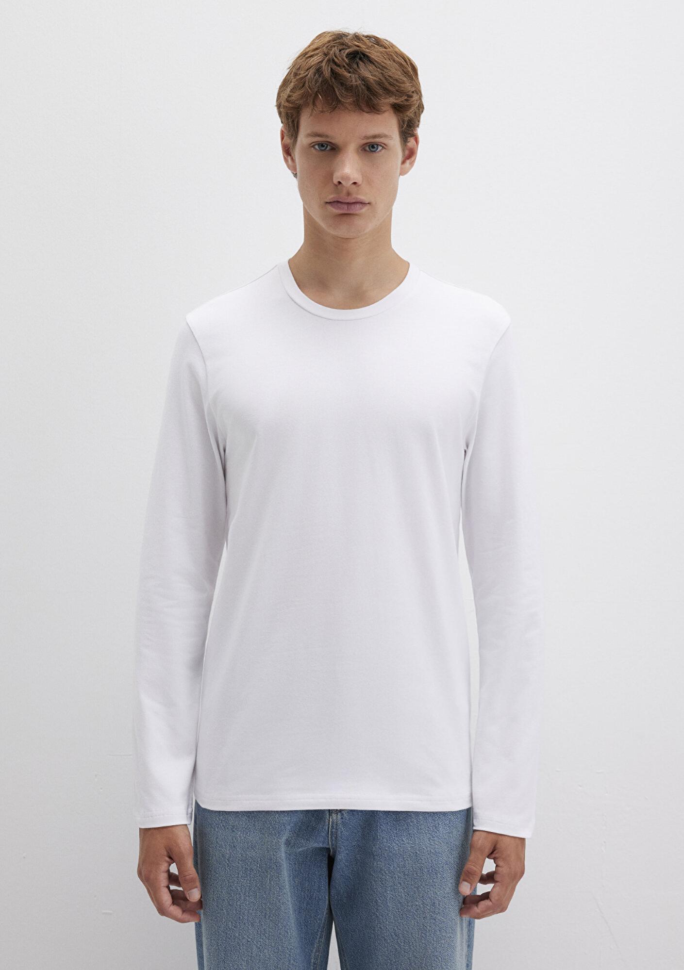 Mavi Uzun Kollu Beyaz Basic Tişört Fitted / Vücuda Oturan Kesim 062477-23248