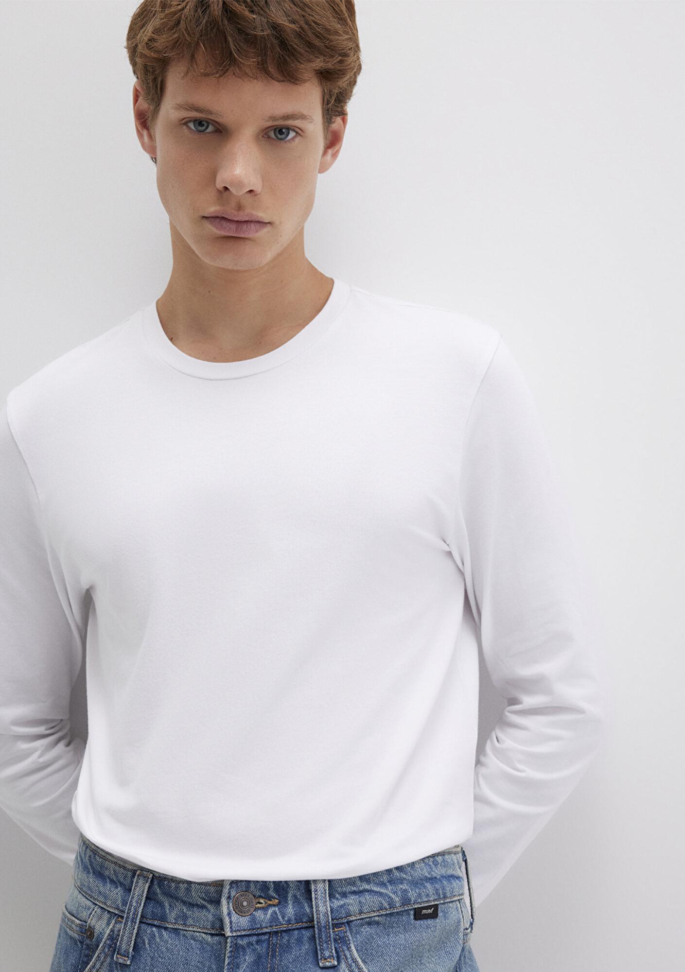 Mavi Uzun Kollu Beyaz Basic Tişört Fitted / Vücuda Oturan Kesim 062477-23248