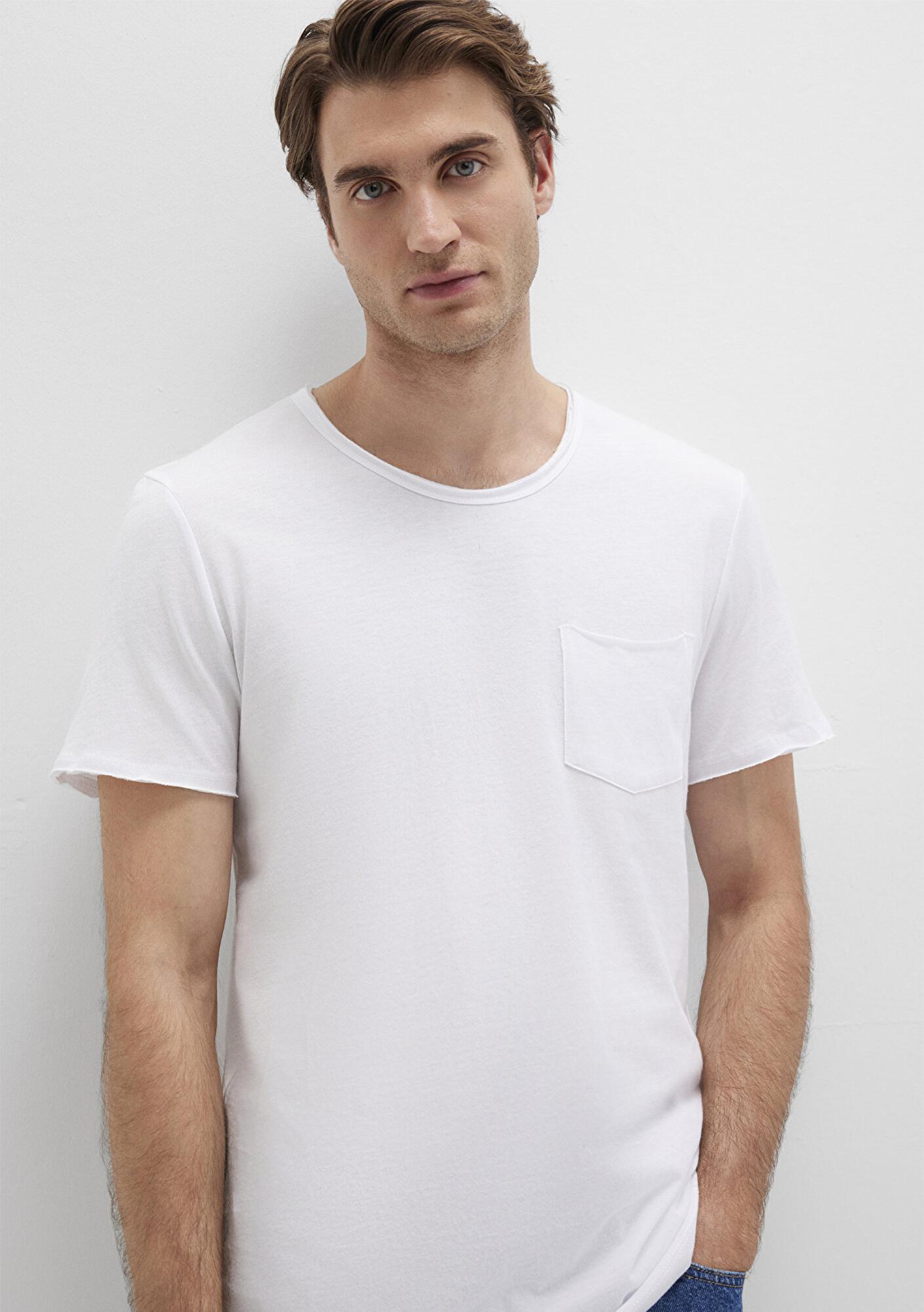 Mavi Dikişli Cep Detaylı Beyaz Tişört Fitted / Vücuda Oturan Kesim 062772-20843