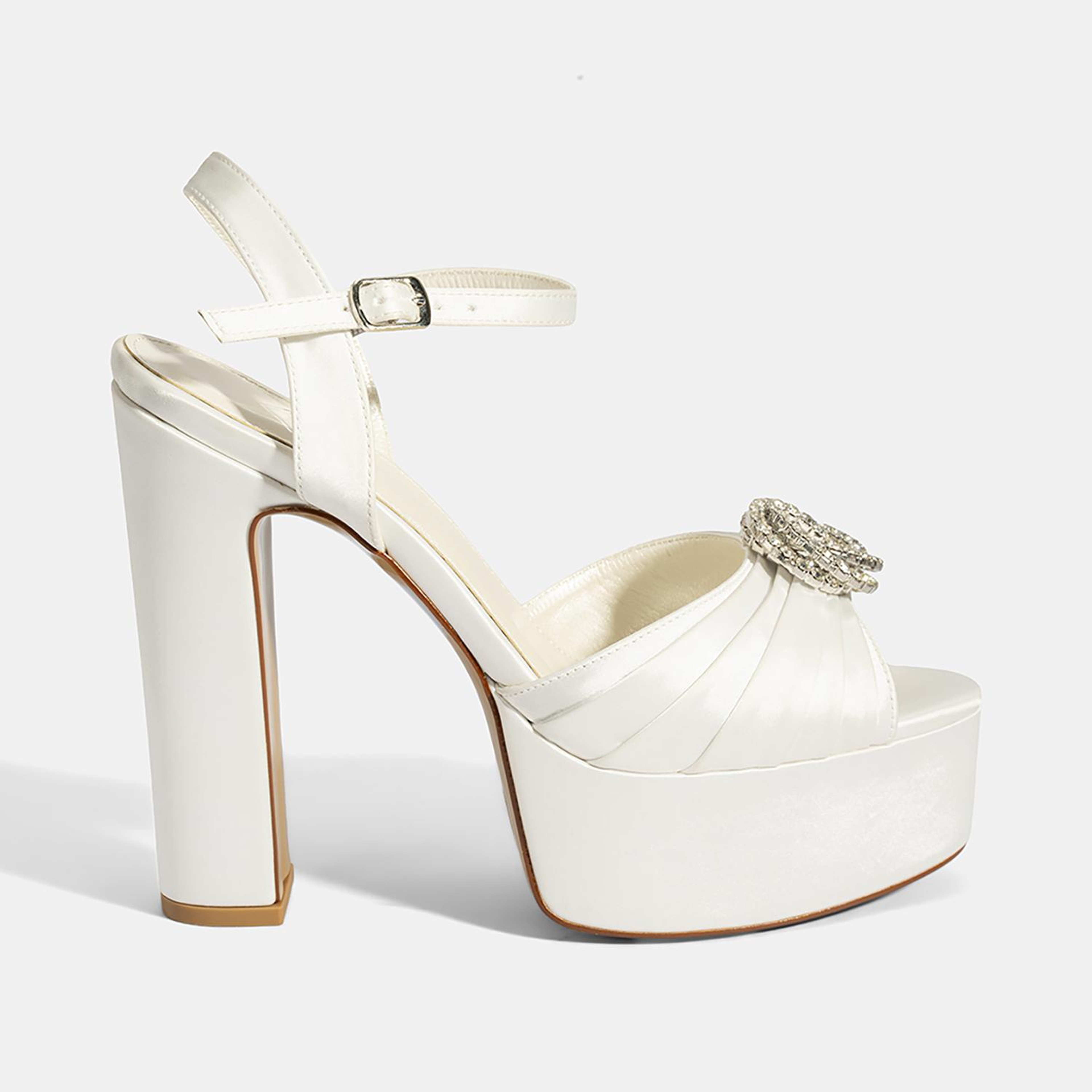 Kadın Beyaz Ayarlanabilir Tokalı Taşlı Topuklu Gelin Ayakkabısı