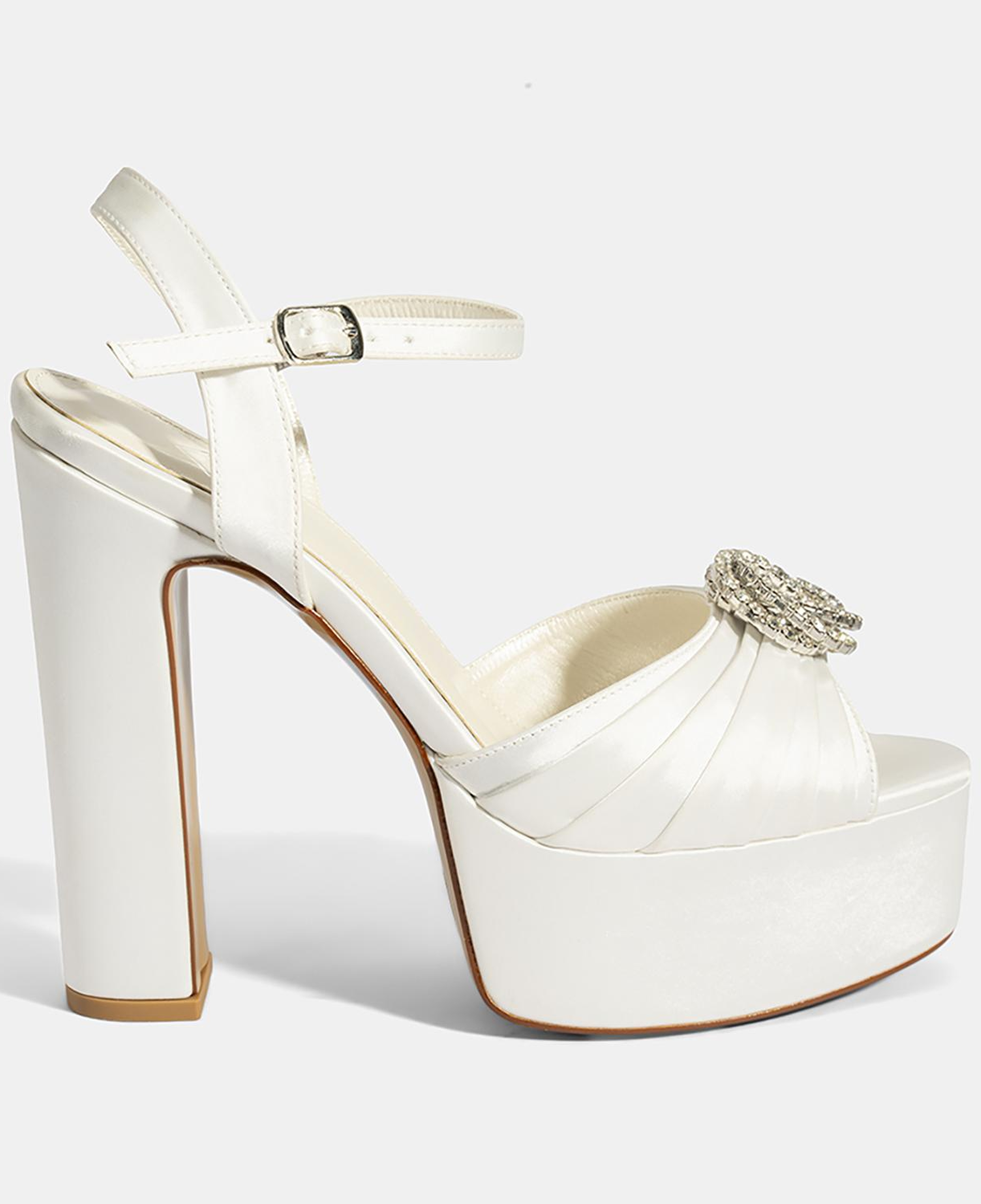 Kadın Beyaz Ayarlanabilir Tokalı Taşlı Topuklu Gelin Ayakkabısı