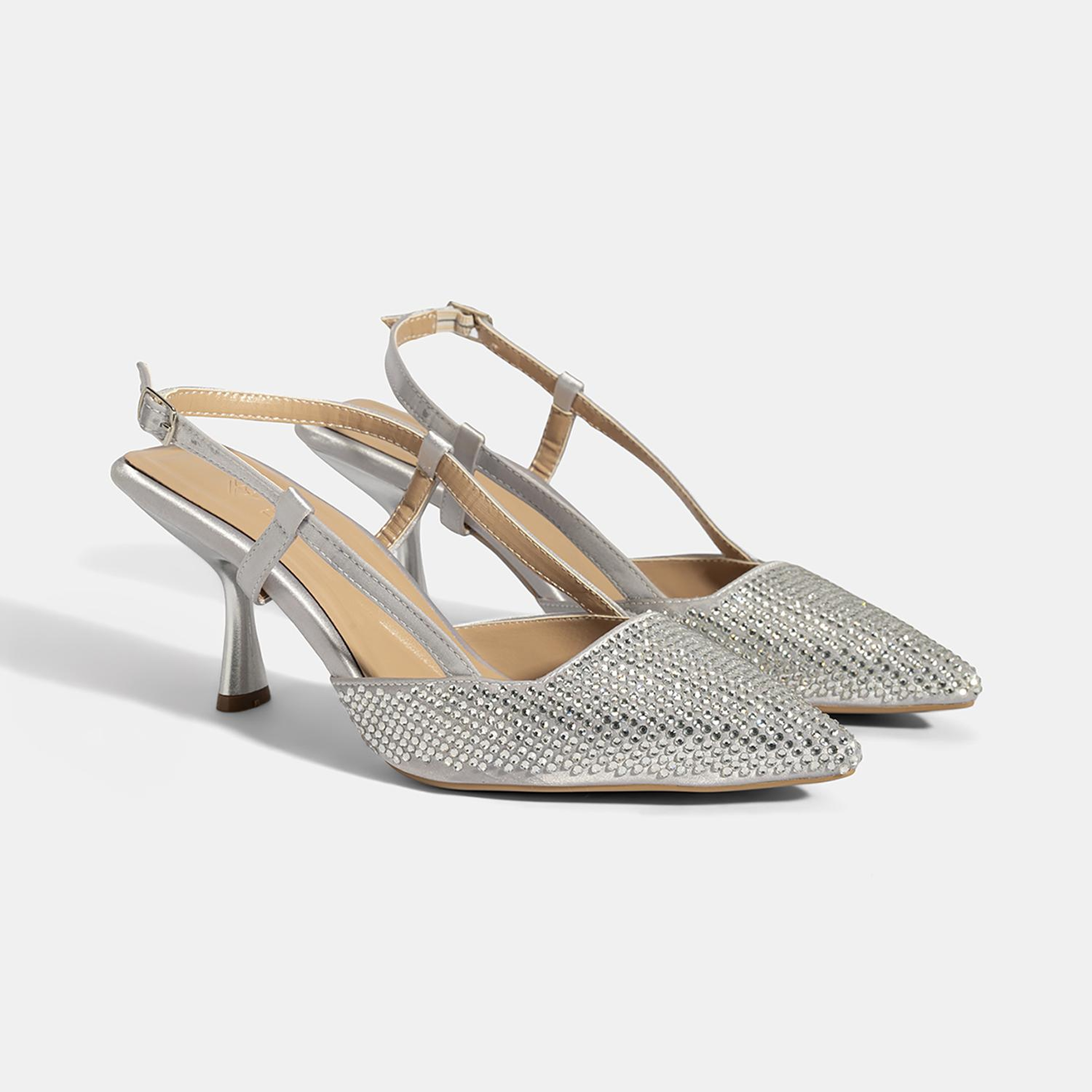 Kadın Gümüş Ayarlanabilir Metal Tokalı Taşlı Abiye Ayakkabı