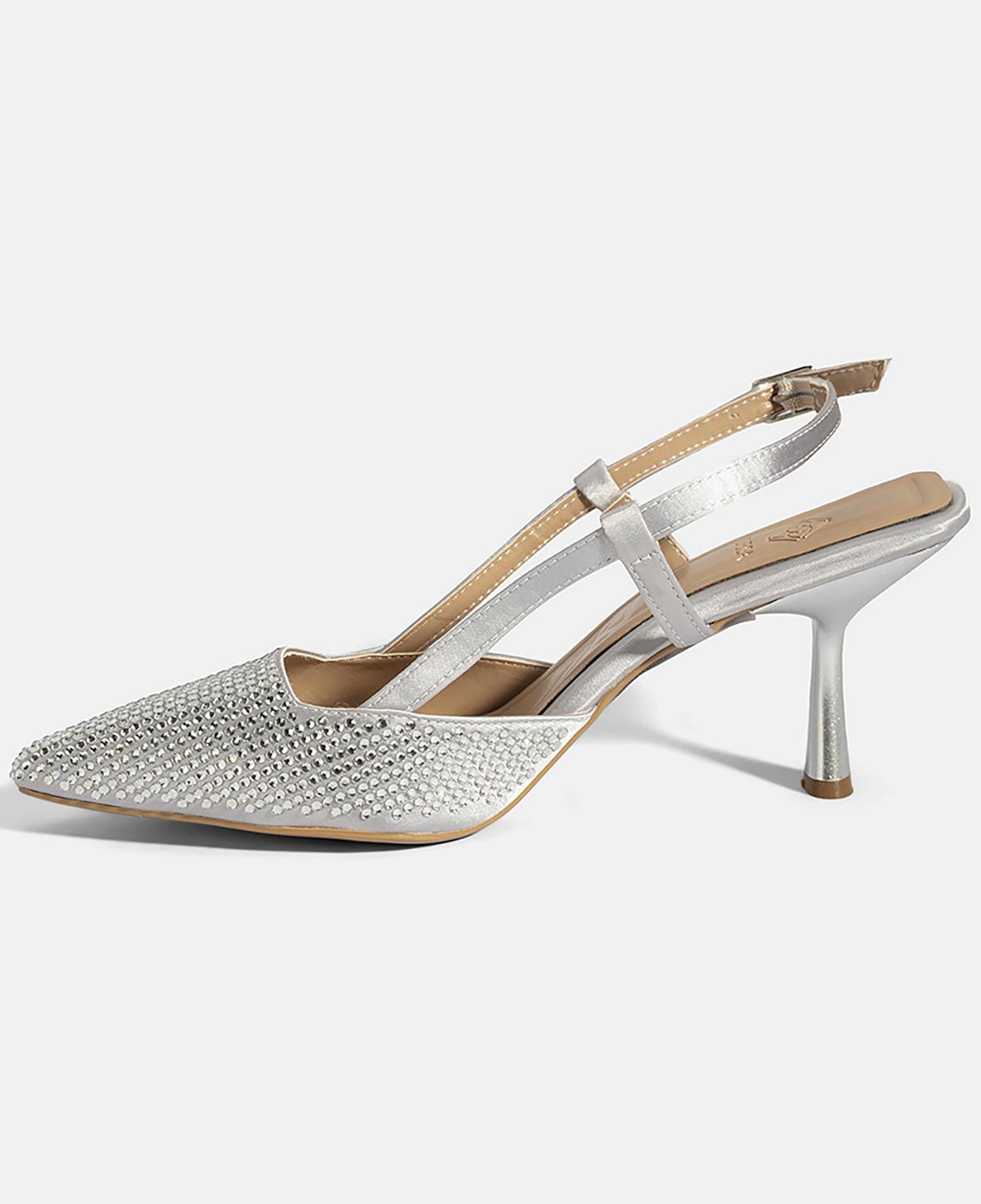 Kadın Gümüş Ayarlanabilir Metal Tokalı Taşlı Abiye Ayakkabı