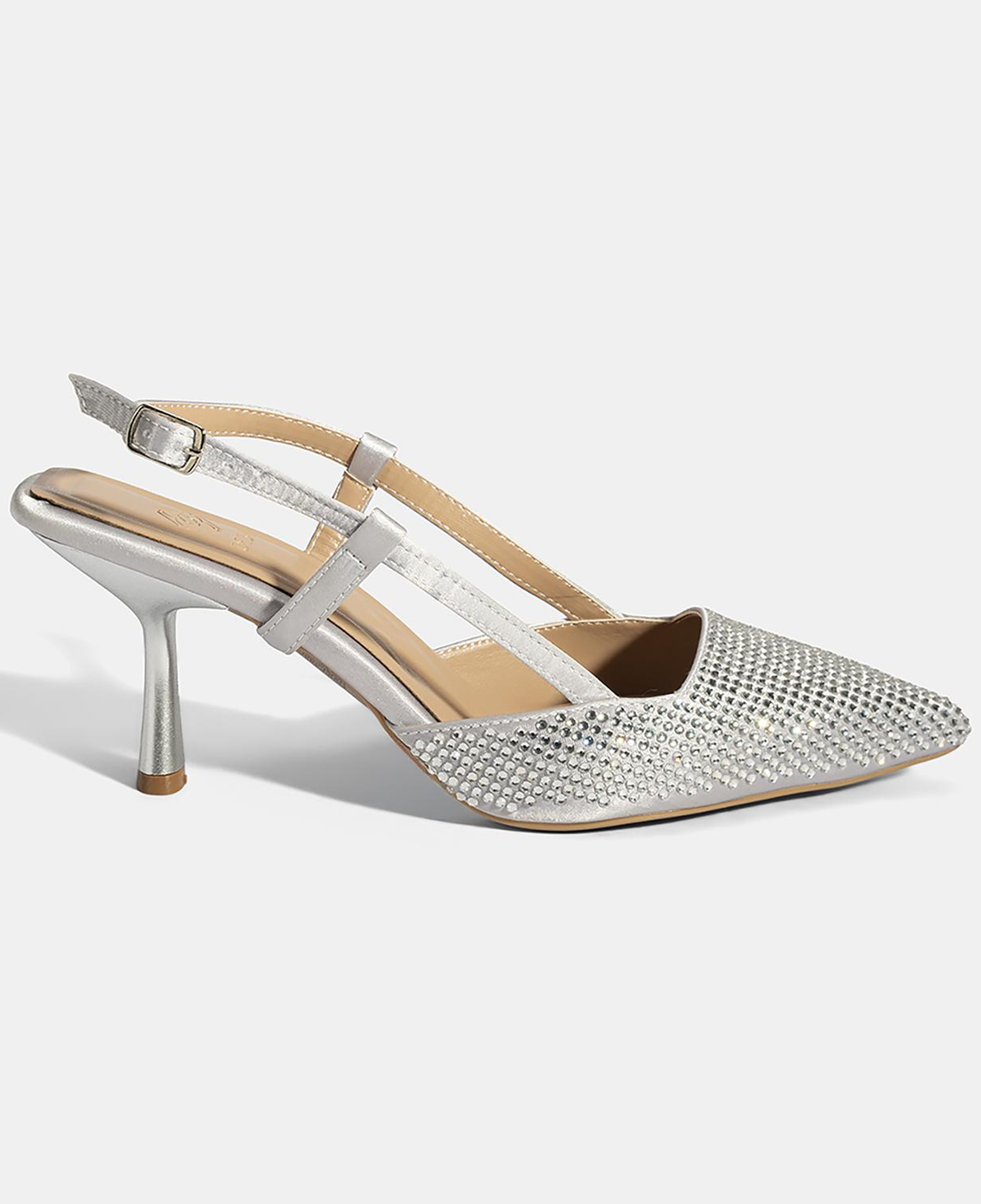 Kadın Gümüş Ayarlanabilir Metal Tokalı Taşlı Abiye Ayakkabı