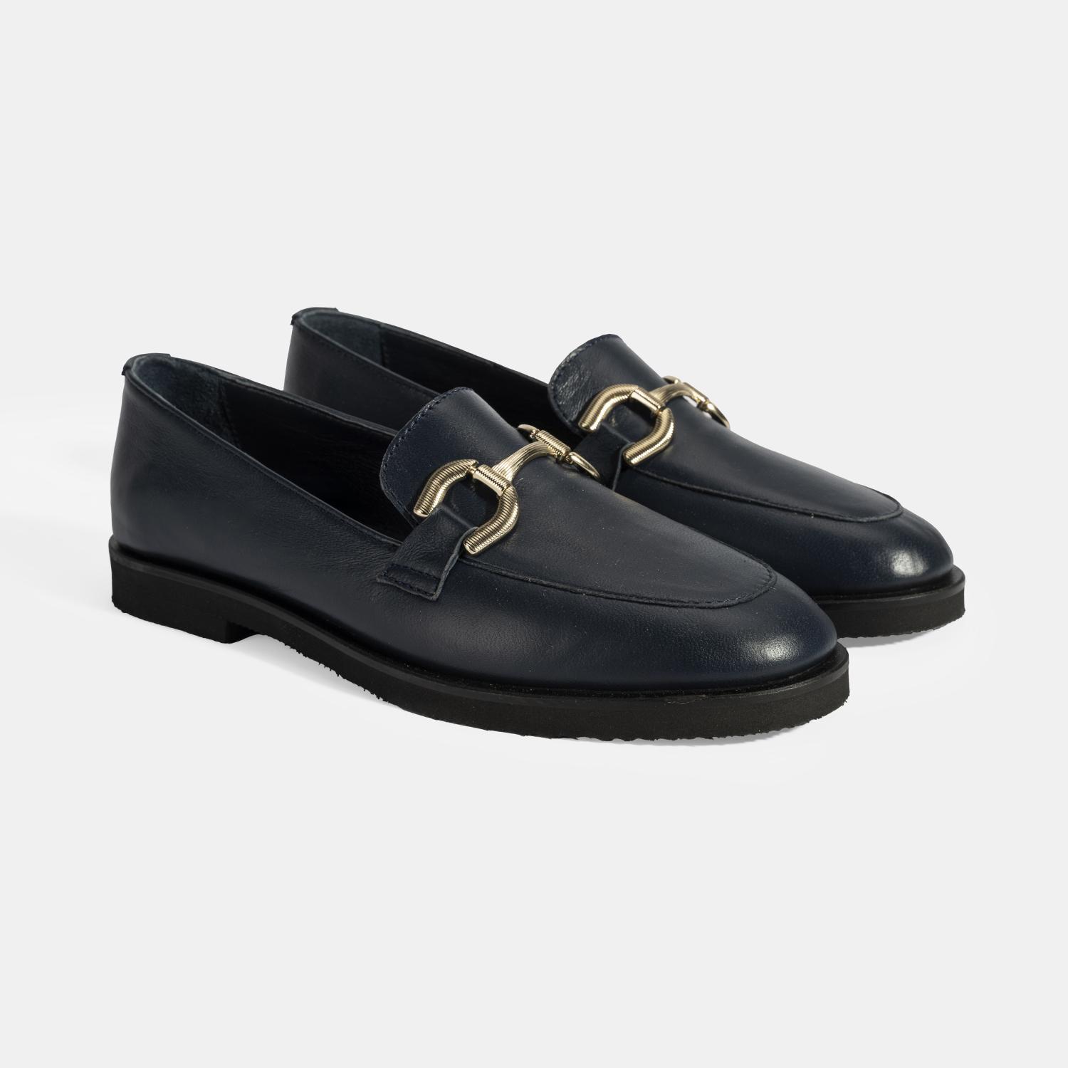 Kadın Lacivert Metal Toka Aksesuarlı Deri Loafer