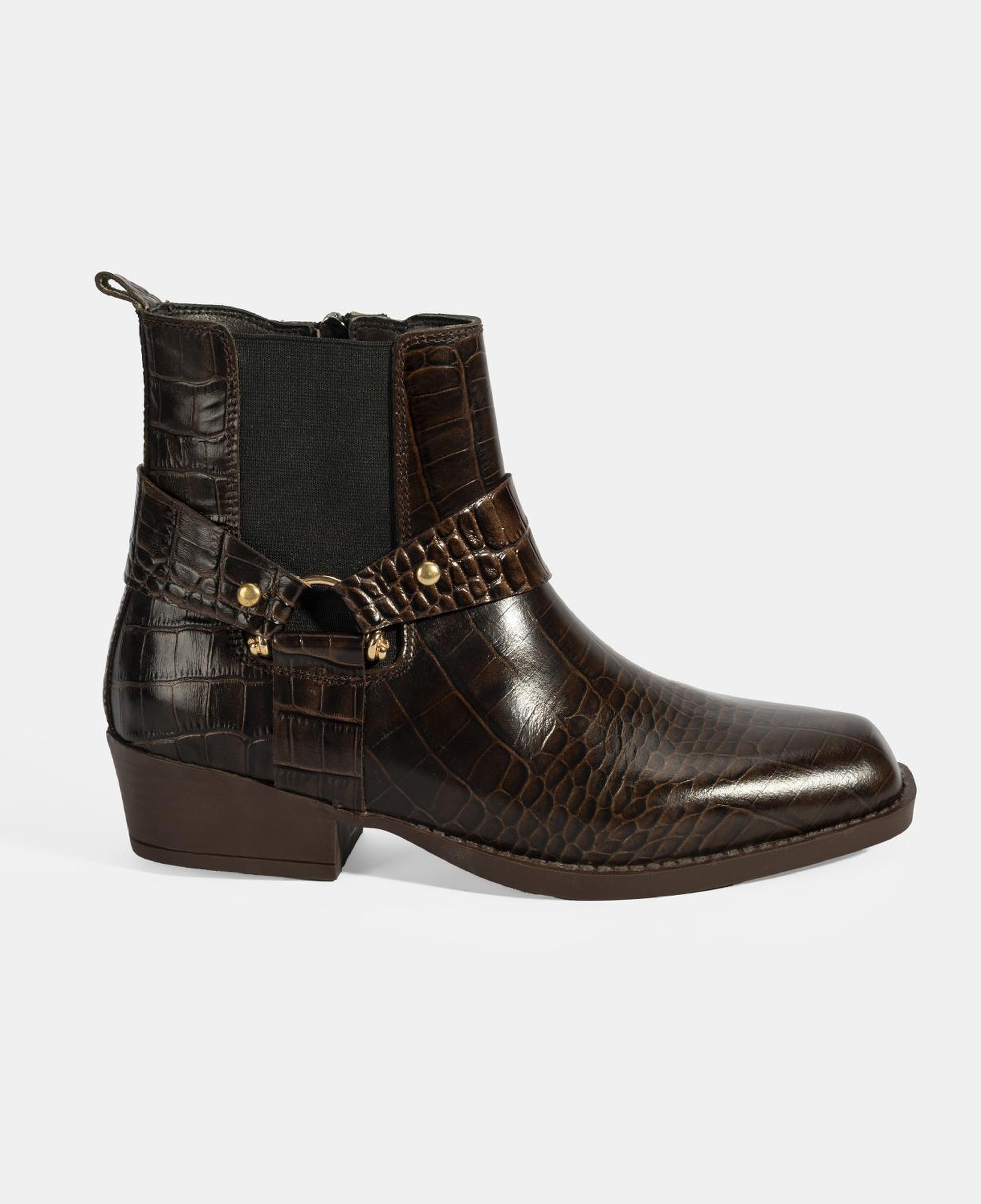 Kadın Kahve Kroko Baskılı Lastik Detaylı Deri Bot