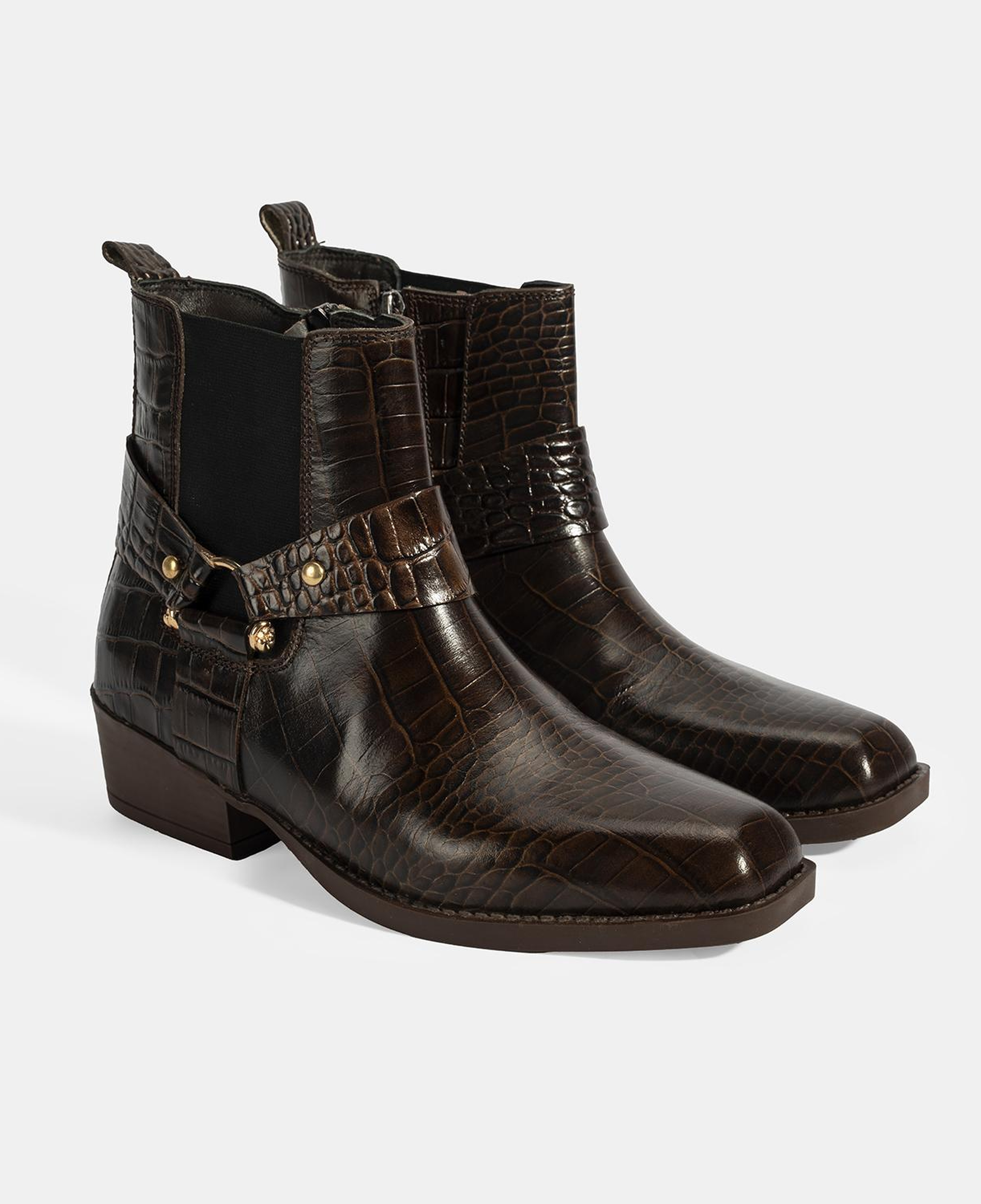 Kadın Kahve Kroko Baskılı Lastik Detaylı Deri Bot