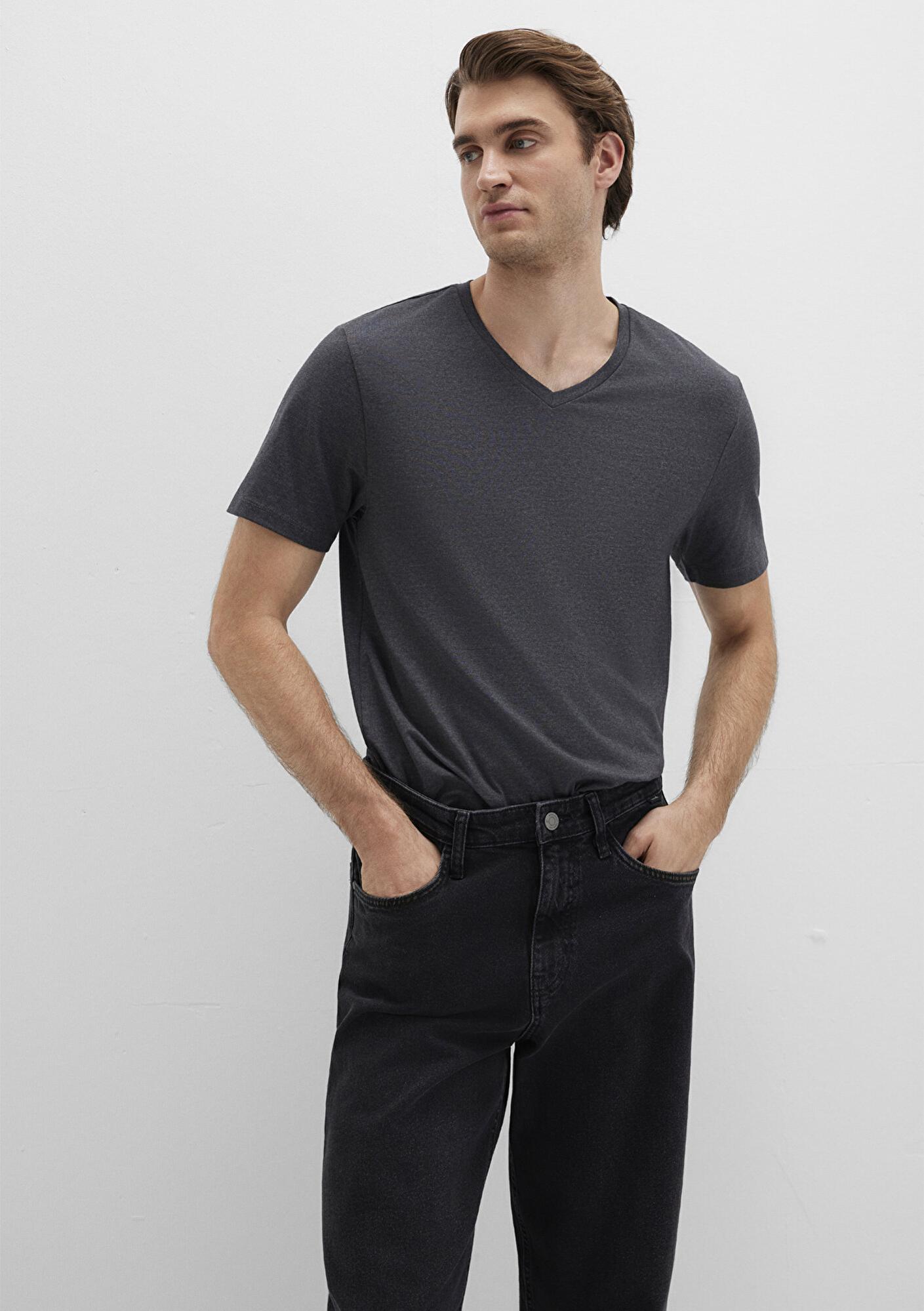 Mavi Stretch V Yaka Antrasit Basic Tişört Fitted / Vücuda Oturan Kesim 061748-24398