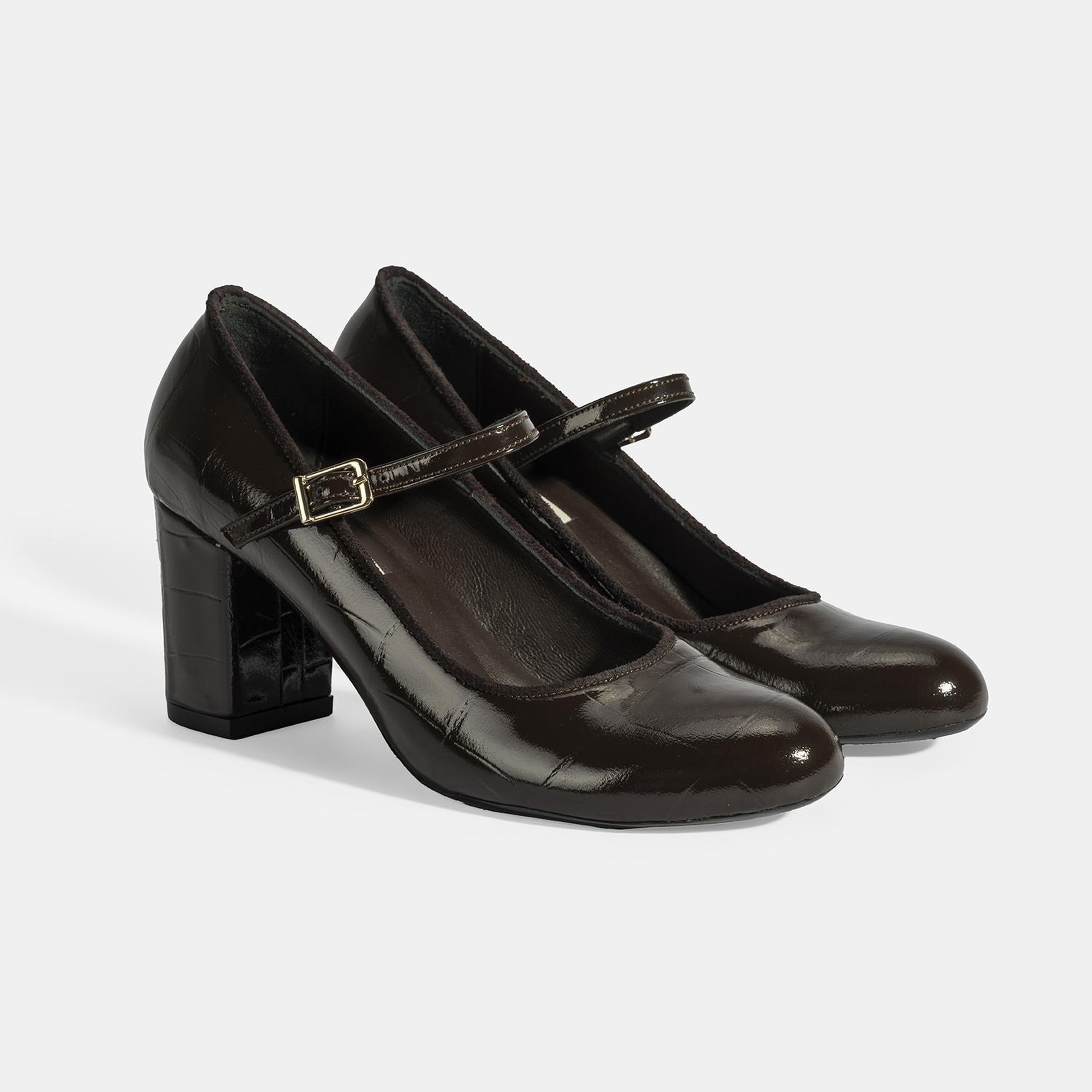 Kadın Kahve Ayarlanabilir Metal Tokalı Mary Jane Topuklu Ayakkabı