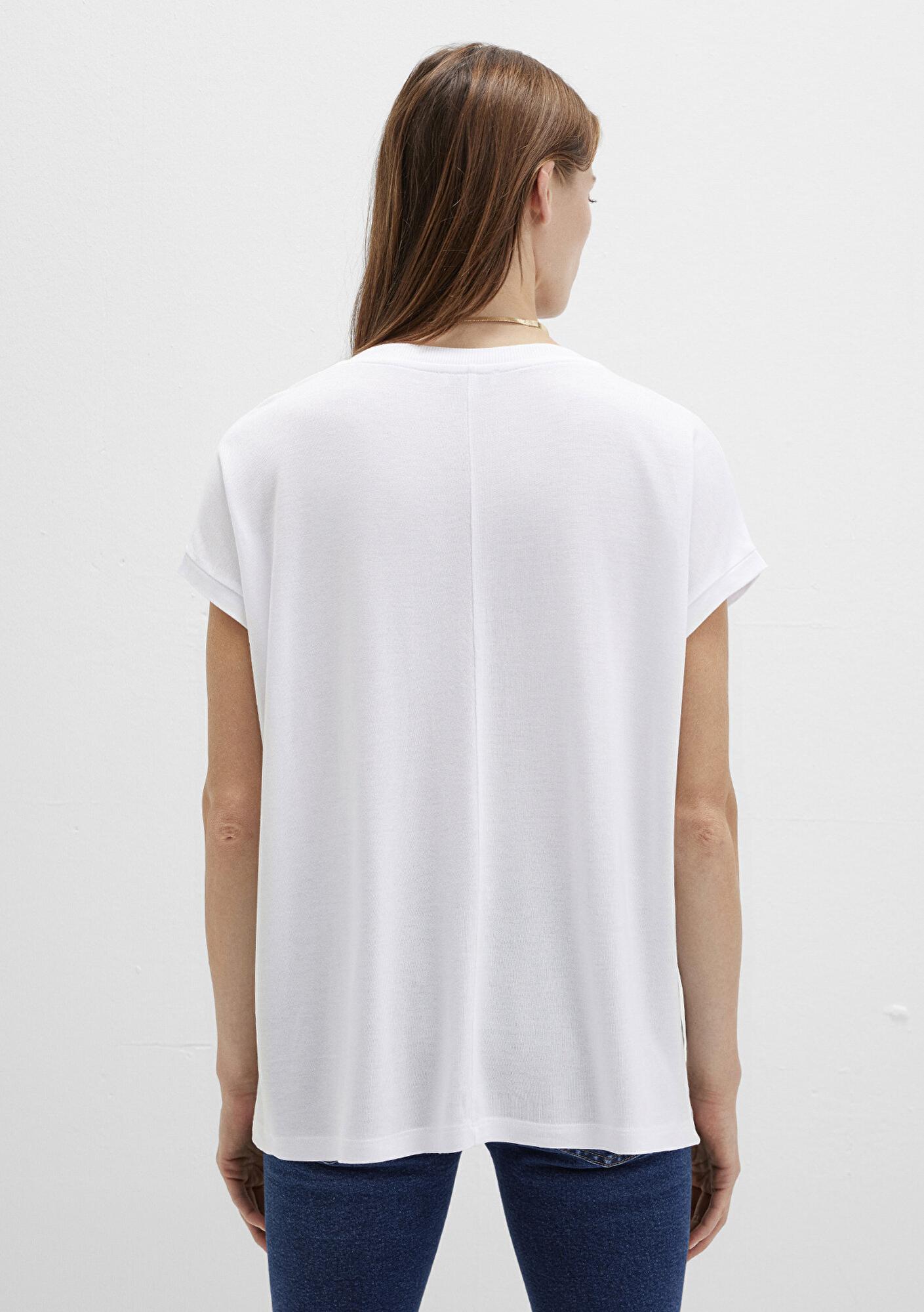 Mavi V Yaka Beyaz Basic ViskozTişört Loose Fit / Bol Rahat Kesim 166449-620