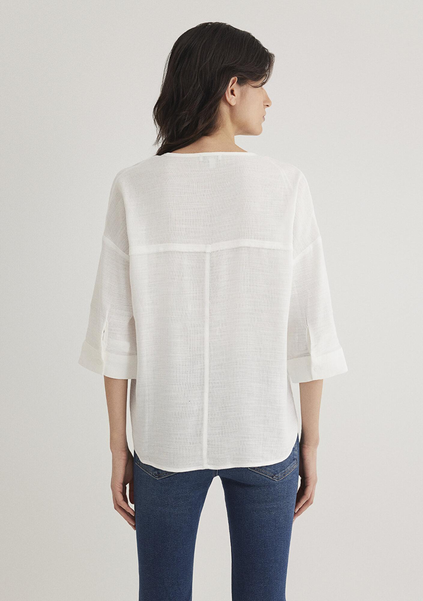 Mavi V Yaka Beyaz Bluz 121357-22937