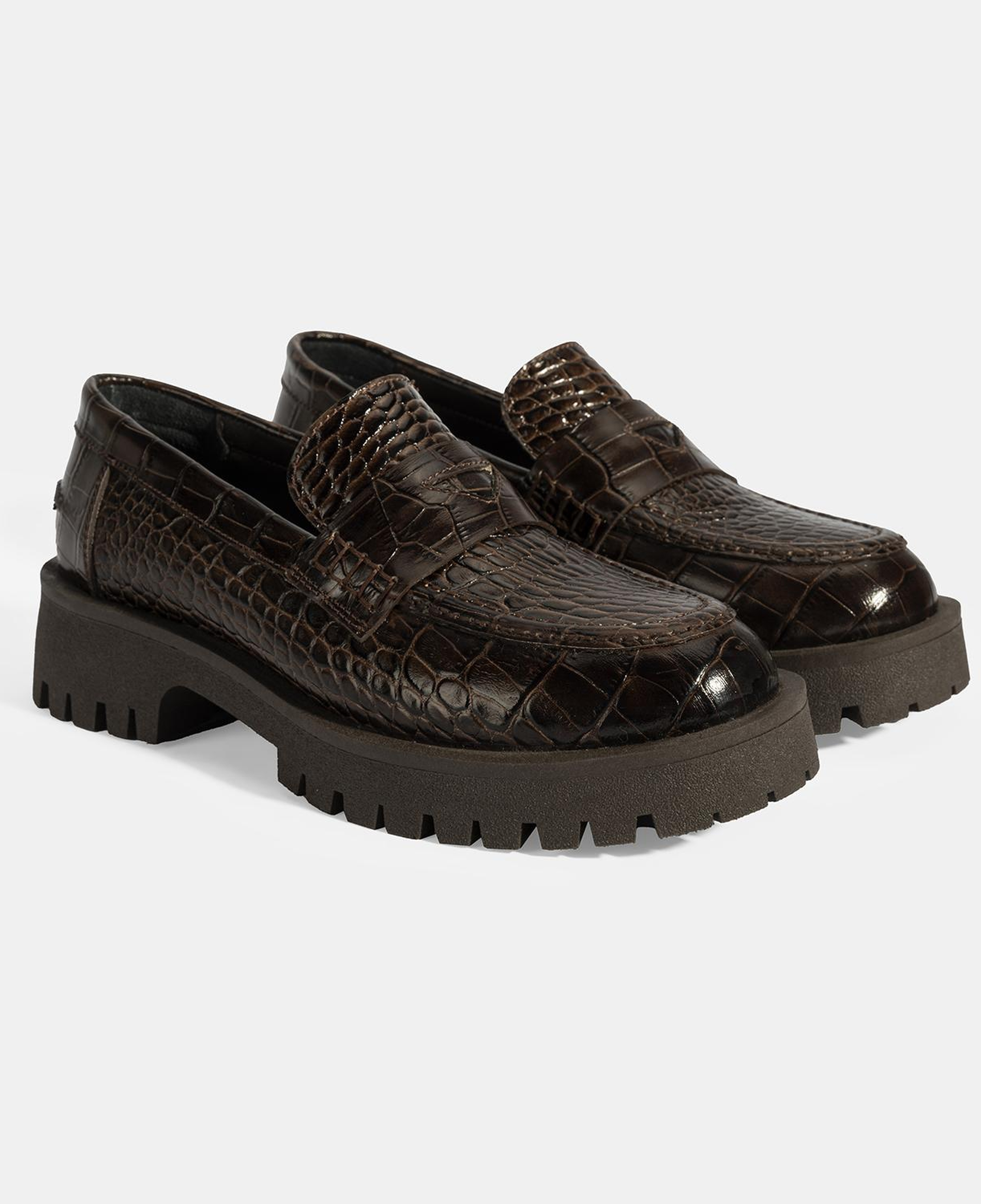 Kadın Kahve Kroko Basklı Deri Loafer