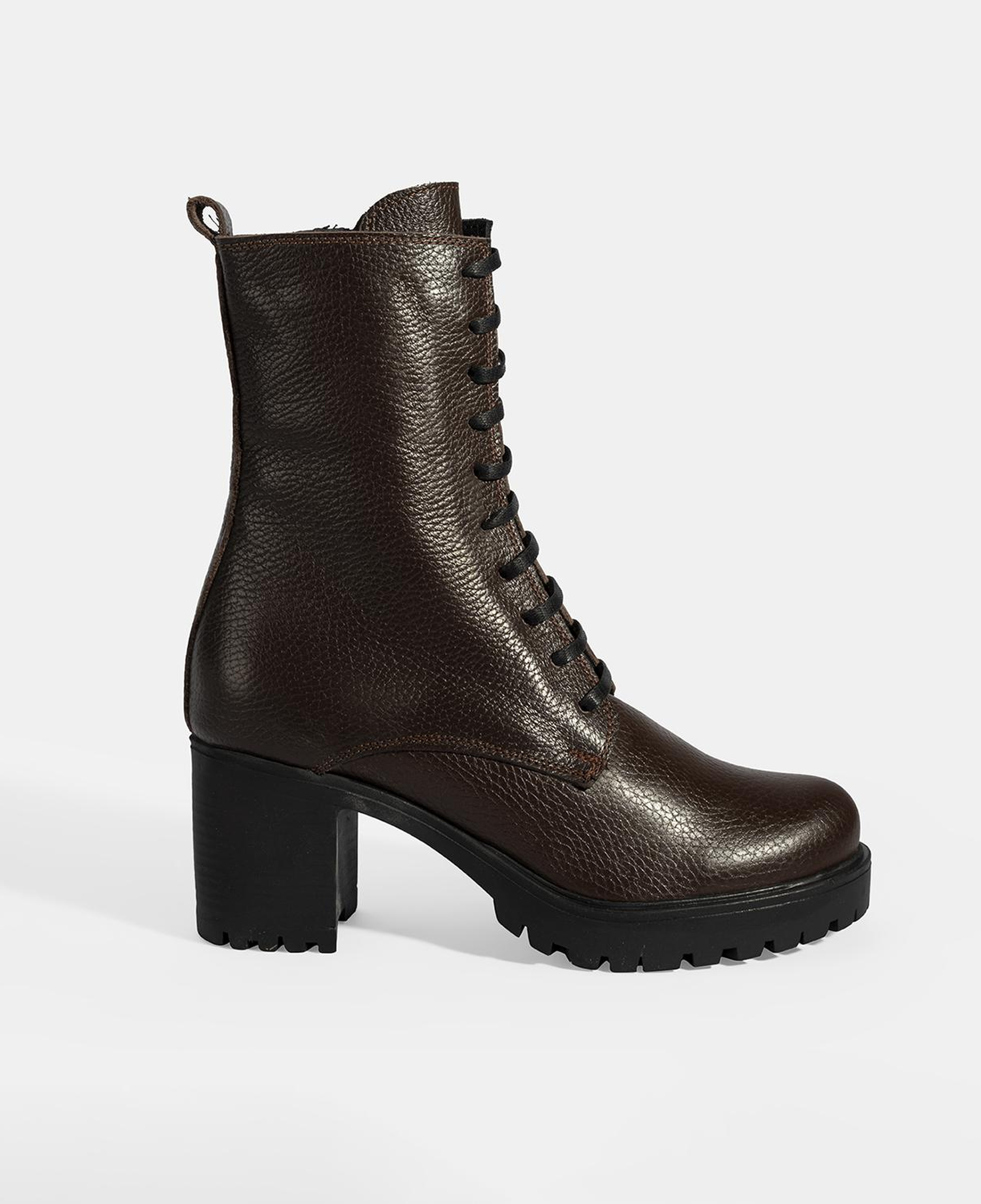 Kadın Kahve Bağcıklı Kalın Topuklu Deri Bot