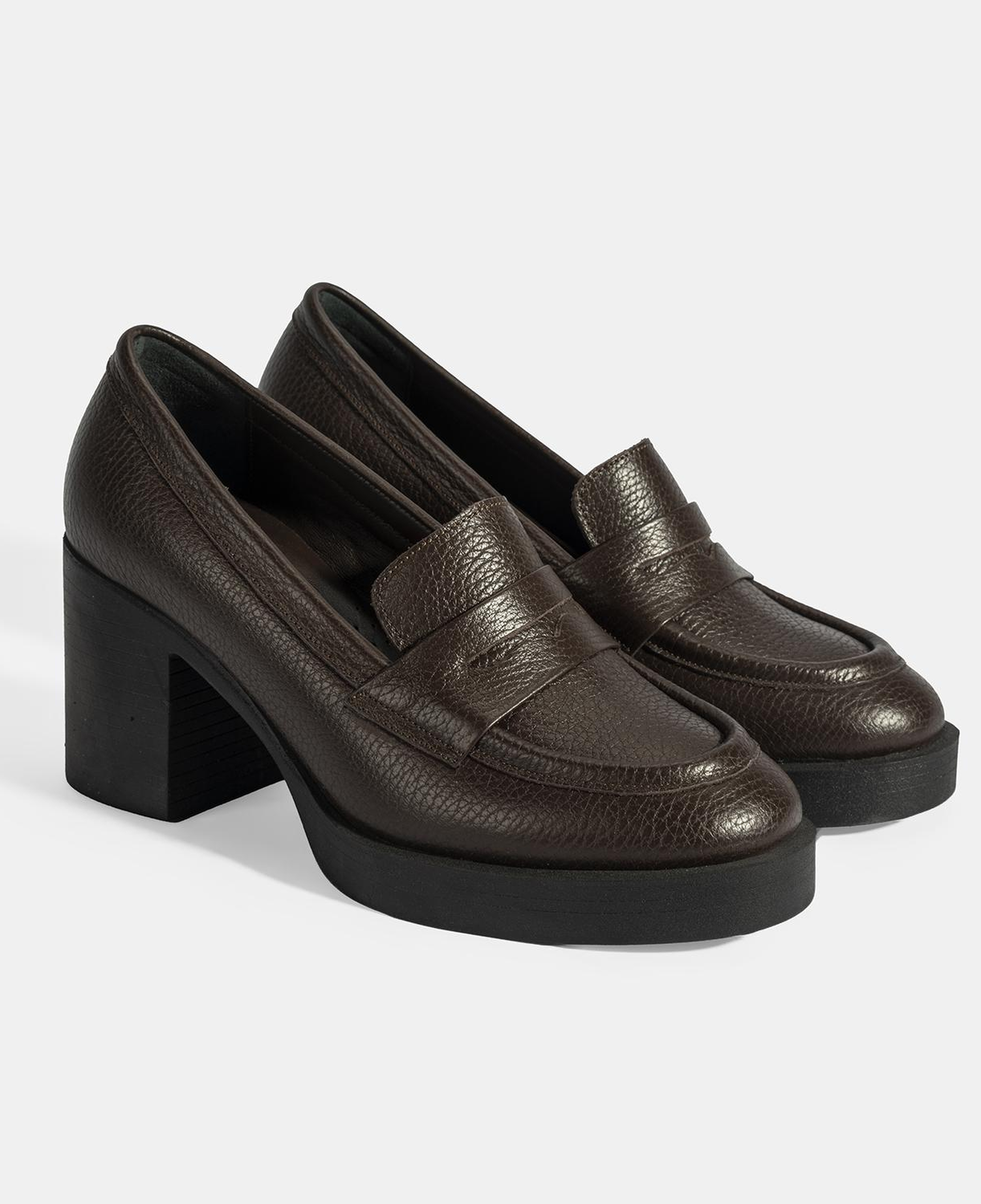 Kadın Kahve Kalın Topuklu Deri Loafer