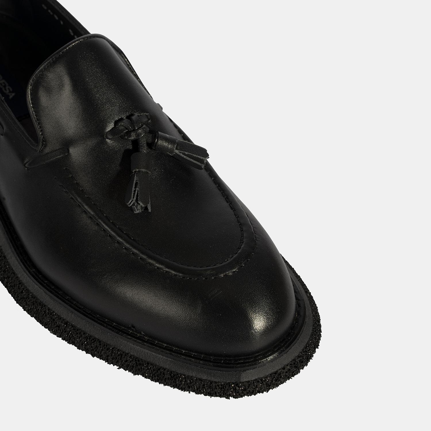 Erkek Siyah Püskül Detaylı Deri Loafer