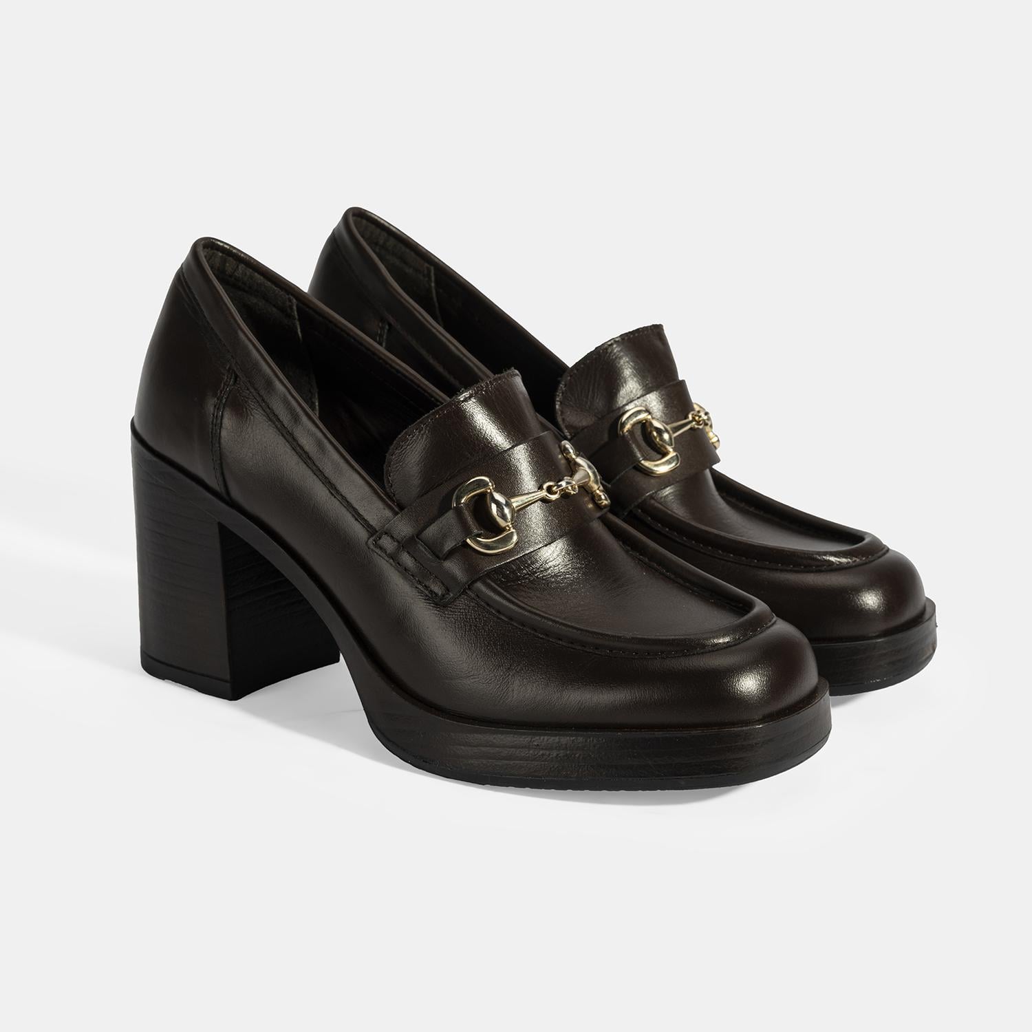 Kadın Kahve Metal Toka Detaylı Kalın Topuklu Loafer
