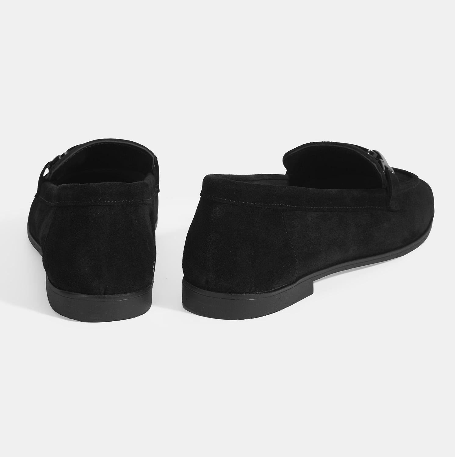 Kadın Siyah Metal Aksesuarlı Süet Loafer