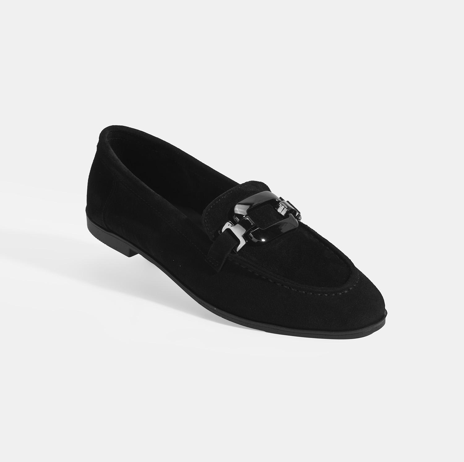 Kadın Siyah Metal Aksesuarlı Süet Loafer