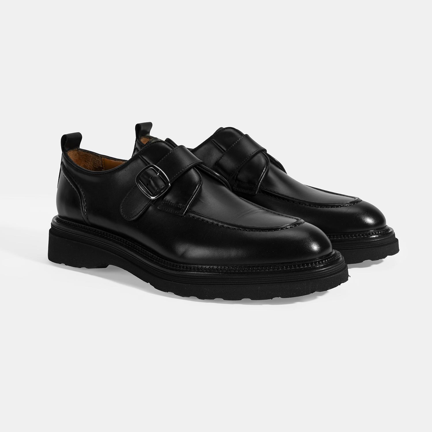 Erkek Siyah Ayarlanabilir Tokalı Deri Günlük Ayakkabı