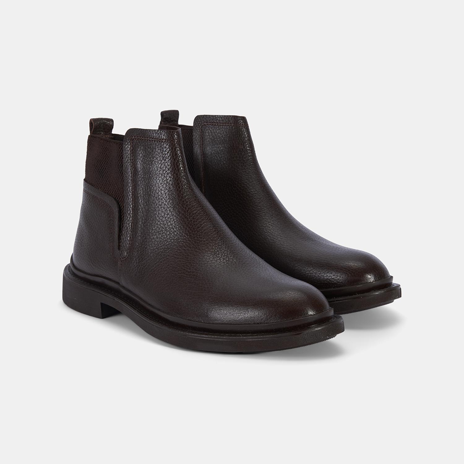 Erkek Kahve Lastik Detaylı Deri Bot