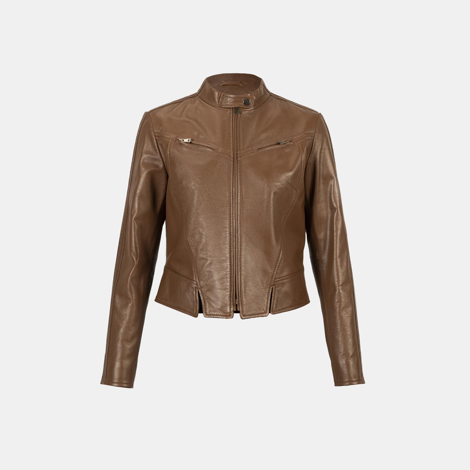 Kadın Taba Deri Biker Ceket