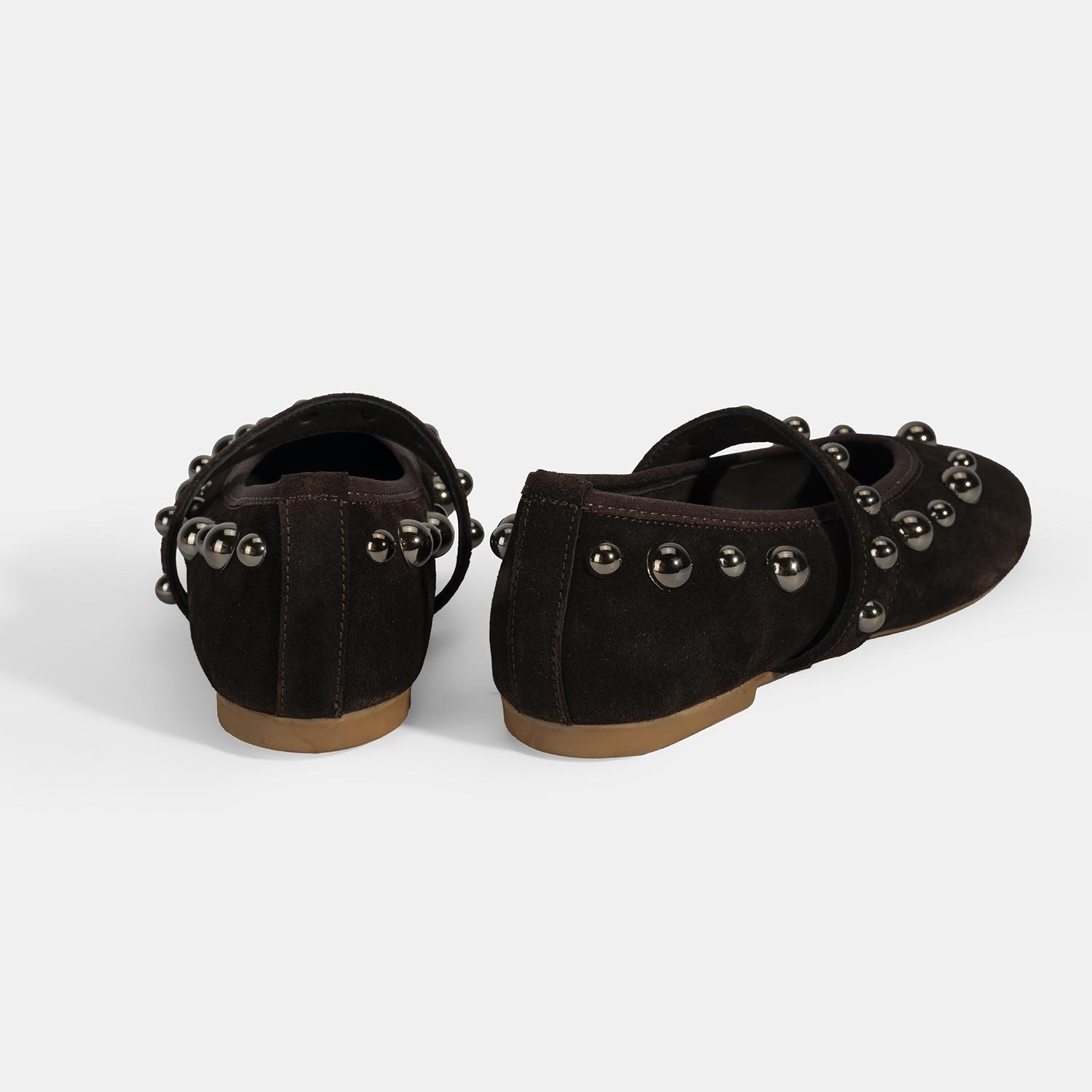 Kadın Kahve Metal Zımba Detaylı Mary Jane Babet