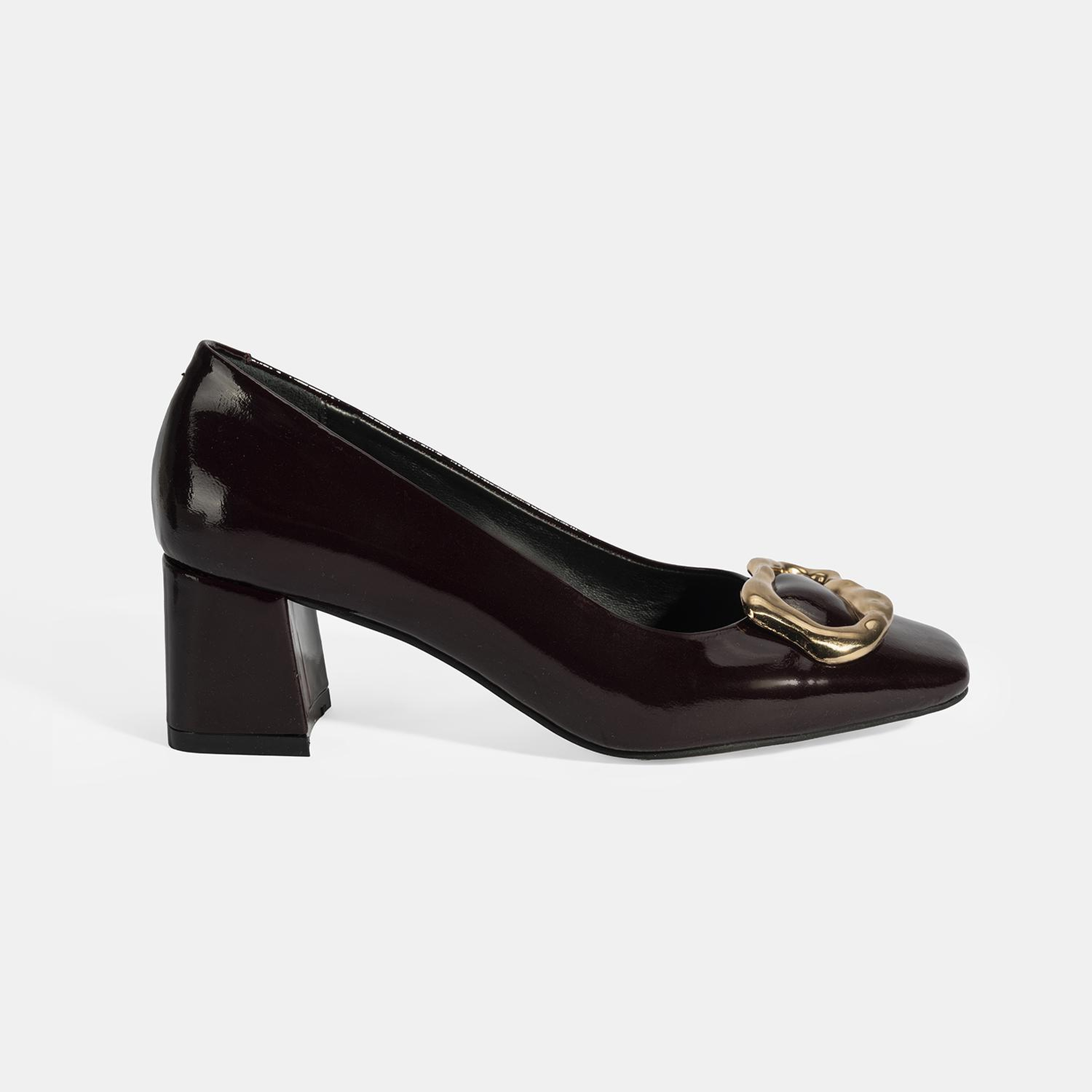 Kadın Bordo Metal Toka Aksesuarlı Rugan Topuklu Ayakkabı