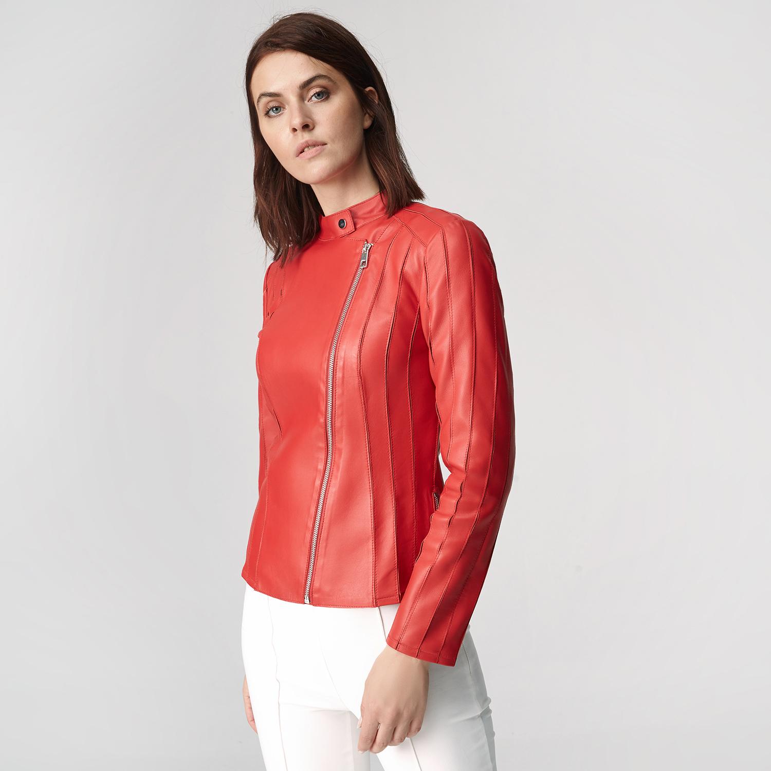 Kadın Kırmızı Deri Fit Panelli Biker Ceket