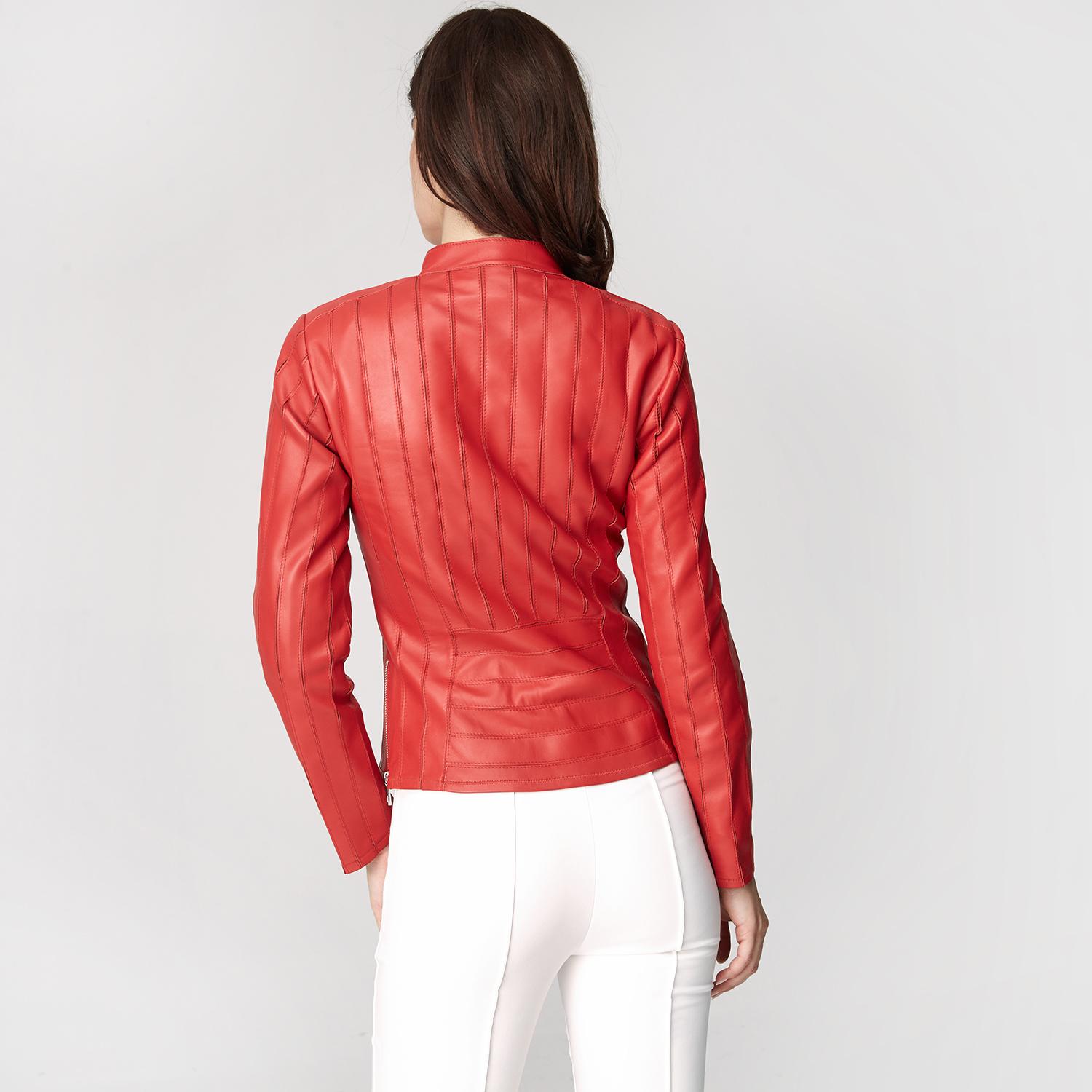 Kadın Kırmızı Deri Fit Panelli Biker Ceket